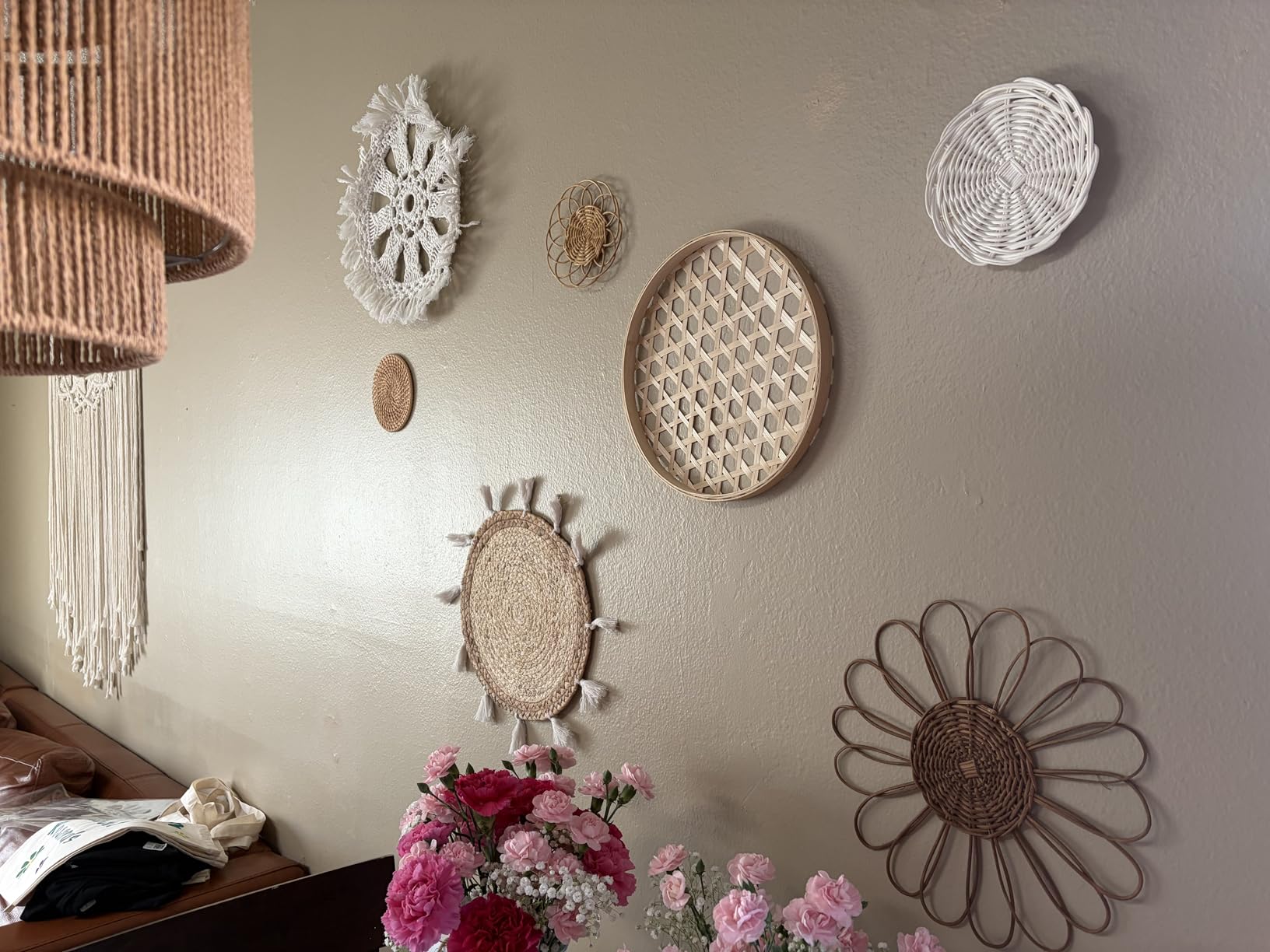 Boho Wall Basket Decor Set of 8 - Flat Woven Basket Wall Hanging Decor,Round Tassels White Macrame Tapestry Wall Decor Art,Handmade Rattan Wicker Seagrass Home Wall Baskets Decor(Boho Classic) customer photo 1