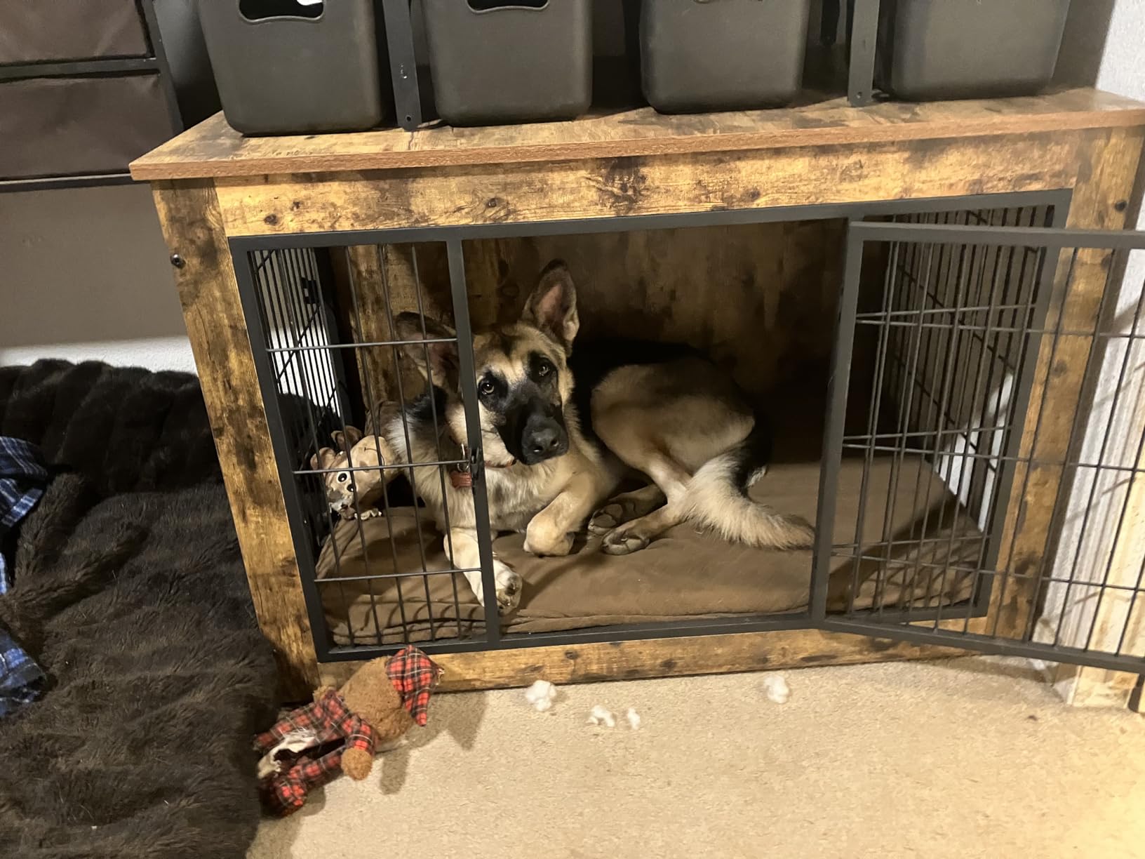 Wooden Dog Crate Furniture with Thick Cushion, Indoor Side Table Dog Kennel customer photo 2
