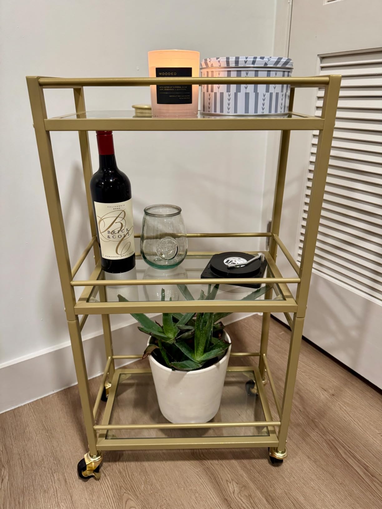 MAHANCRIS Bar Cart for The Home, 3-Tier Drink Cart on Wheels, Home Bar Serving Cart, Mini Bar Cart for Small Space, Rolling Kitchen Carts for Bar, Kitchen, Dining Room, Gold RCJW4001 customer photo 1
