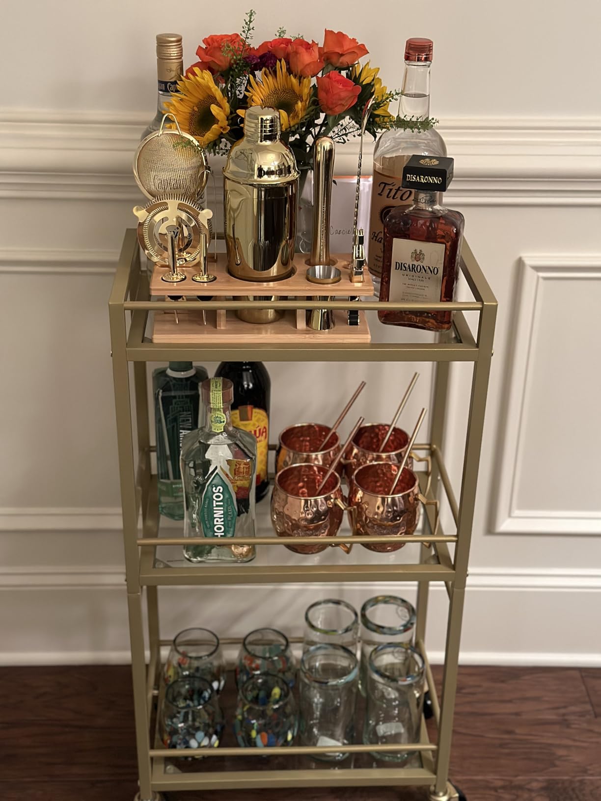 MAHANCRIS Bar Cart for The Home, 3-Tier Drink Cart on Wheels, Home Bar Serving Cart, Mini Bar Cart for Small Space, Rolling Kitchen Carts for Bar, Kitchen, Dining Room, Gold RCJW4001 customer photo 2