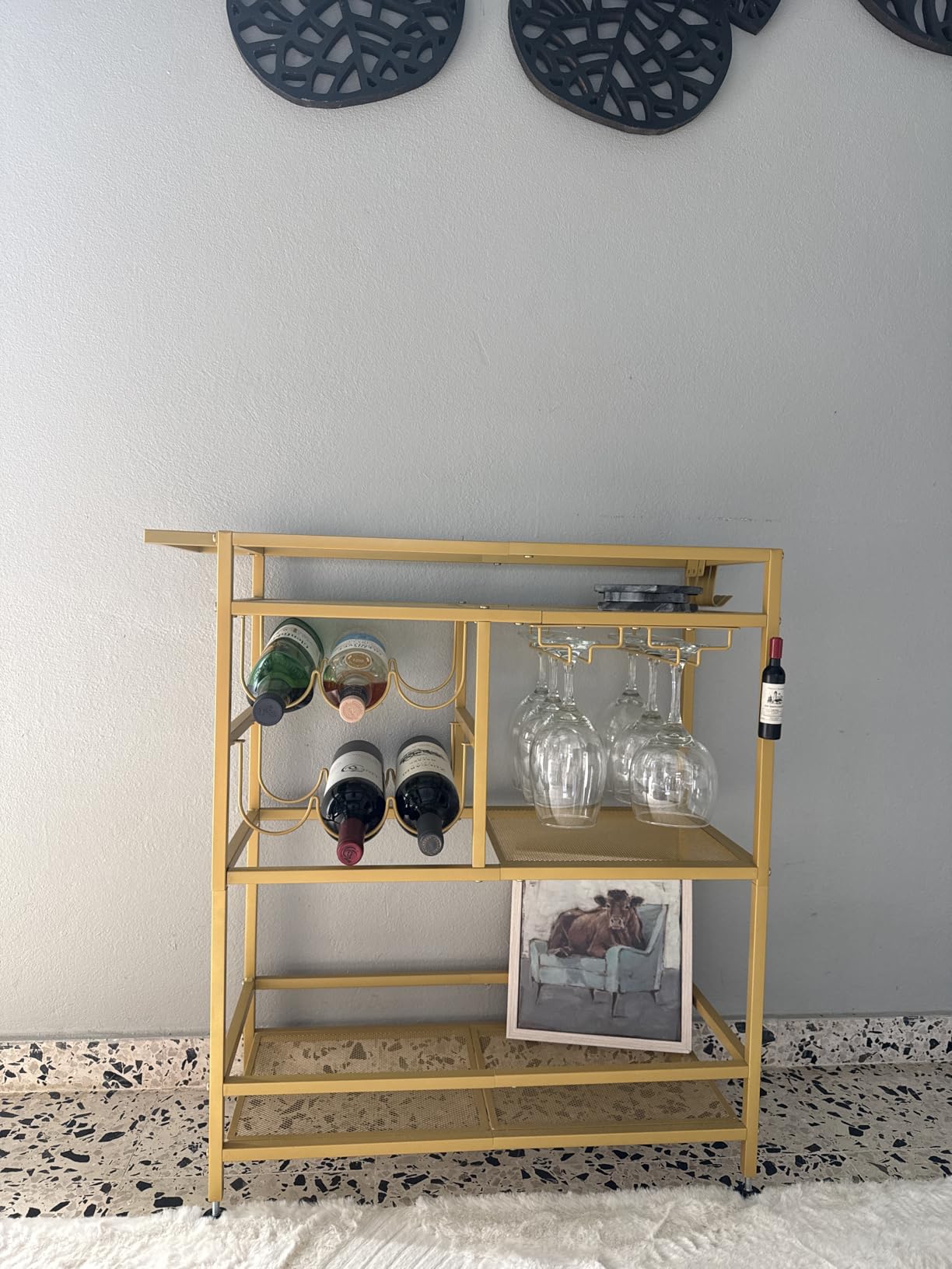 MAHANCRIS Bar Cart for Home, 3-Tier Serving Cart with Wheels and Handle, Beverage Cart with Wine Rack and Glass Holders, Rolling Wine Cart for Kitchen, Dining Room, Gold RCJ61B01 customer photo 1