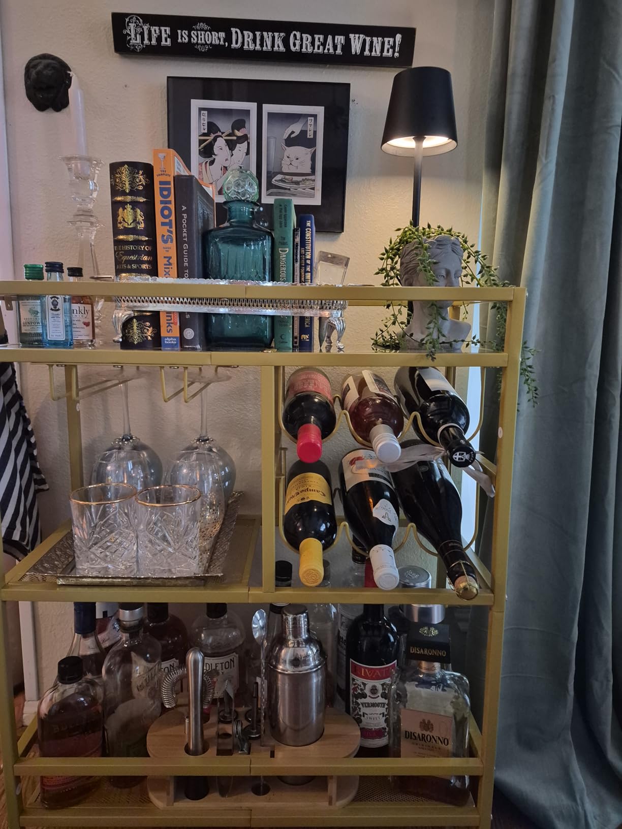 MAHANCRIS Bar Cart for Home, 3-Tier Serving Cart with Wheels and Handle, Beverage Cart with Wine Rack and Glass Holders, Rolling Wine Cart for Kitchen, Dining Room, Gold RCJ61B01 customer photo 2
