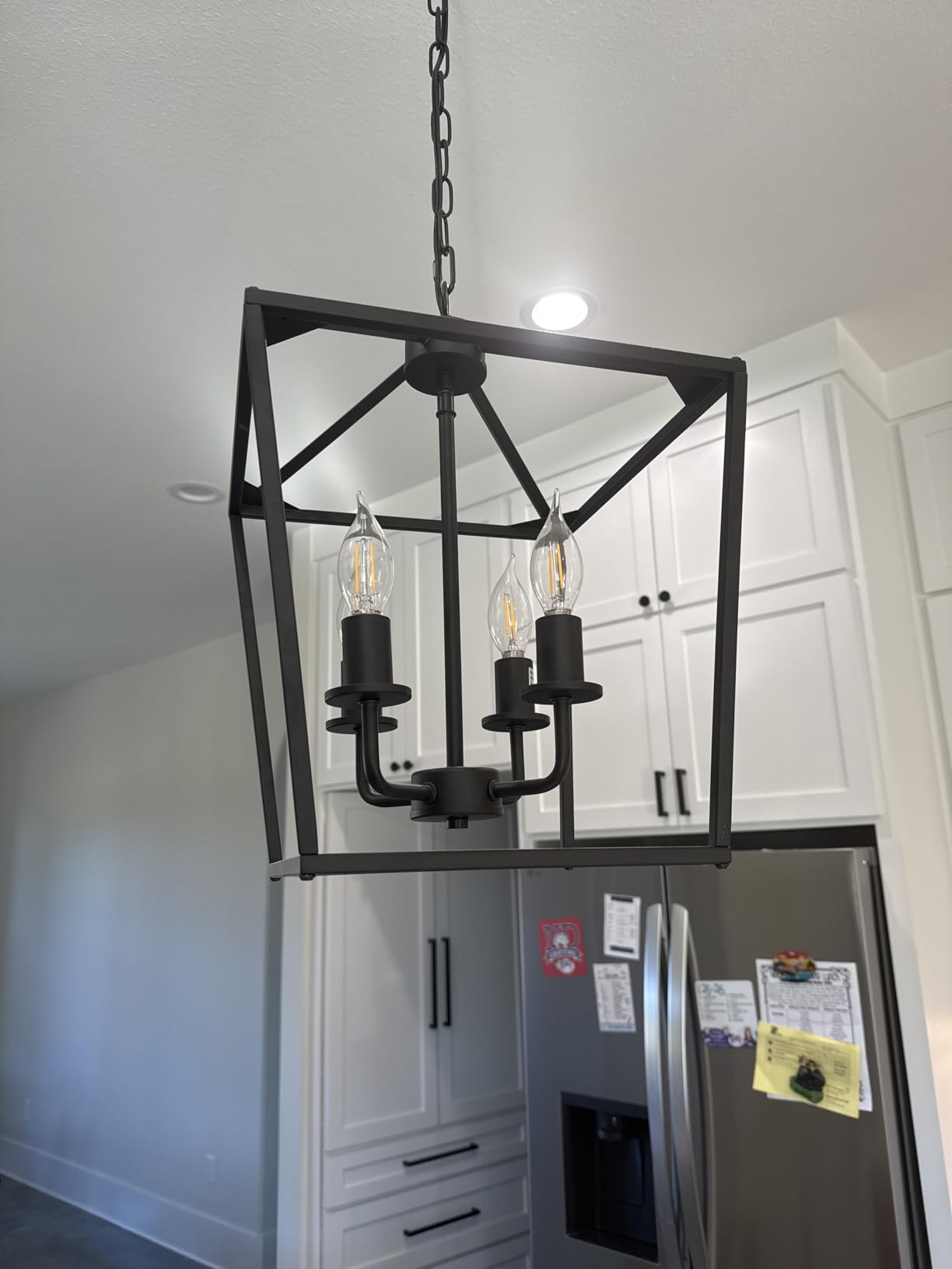 Industrial 4 Lights Chandelier, Gold Lantern Ceiling Light Fixtures with Rustic Metal Cage Adjustable Height Farmhouse Geometric Hanging Light for Kitchen Island, Dining Room, Entryway, UL Listed customer photo 1