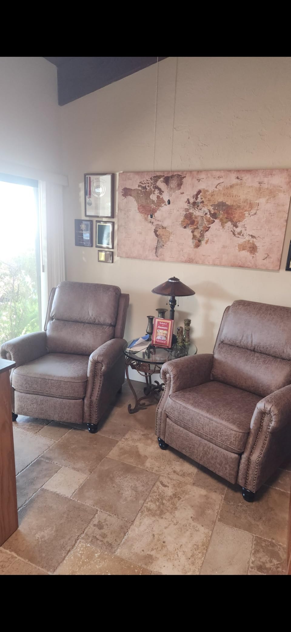 CANMOV Pushback Recliner Chair Faux Leather Armchair Push Back Recliner with Rivet Decoration Single Sofa Accent Chair for Living Room, Reddish Brown customer photo 2