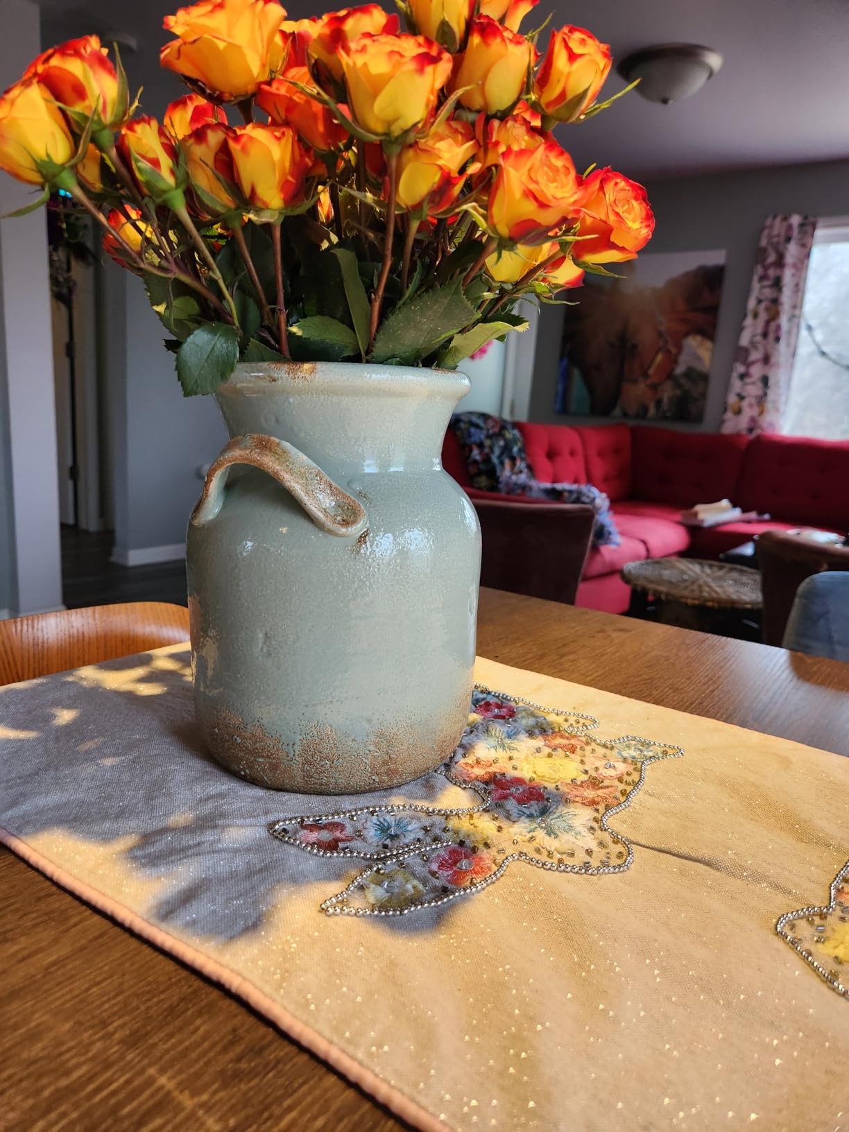 Quoowiit Ceramic Rustic Farmhouse Vase, Distressed Decorative Flower Vases for Home Decor, Ideal Shelf Decor, Green Boho Vase for Living Room Bedroom Kitchen Office Centerpiece Table Decorations customer photo 2