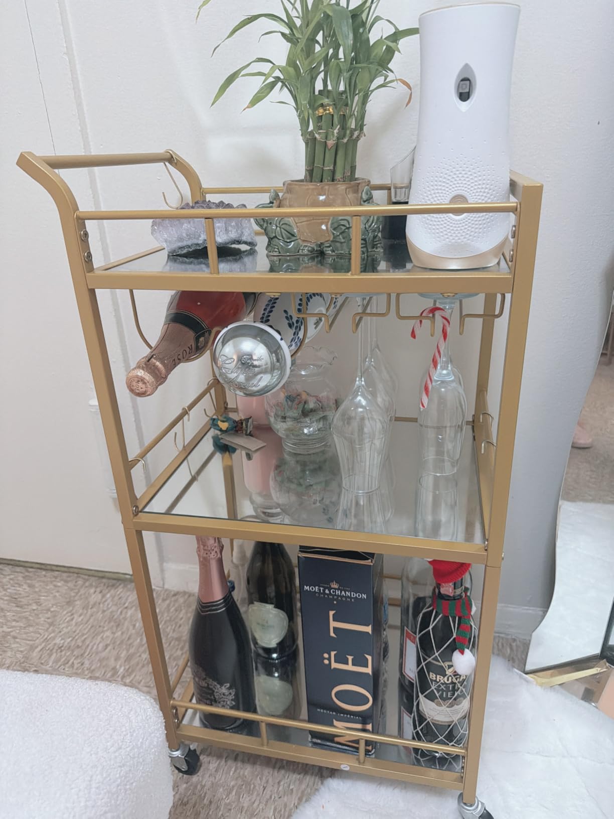 TUTOTAK Gold Bar Cart with 3 Mirrored Shelves, Wine Rack & Glass Holder customer photo 2