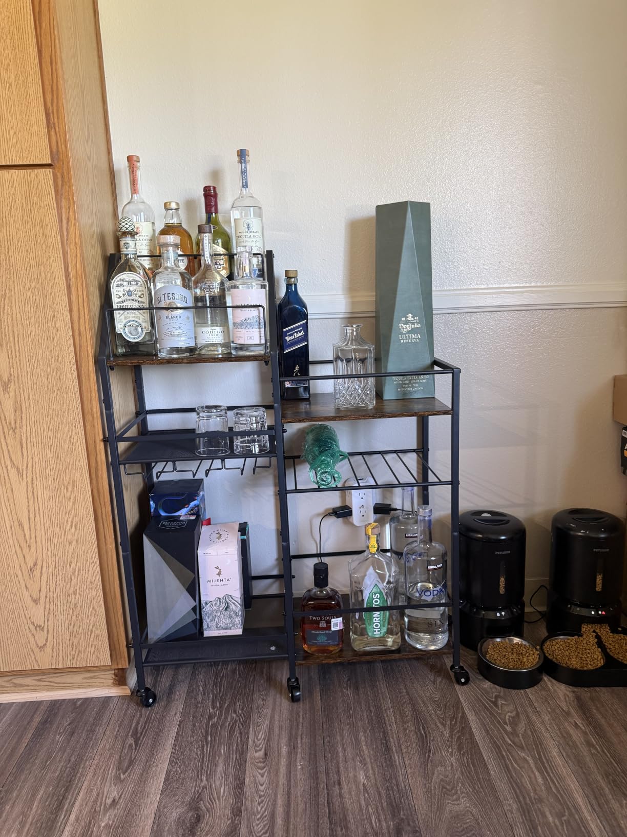 VINAEMO Rolling Bar Cart with Wine Glass Holder, Bar Carts for The Home, Bar Stand for Home, Small Mini Bar for Whiskey Wine, Liquor Cart for Home Bar, Alcohol Cabinet for Bar, Kitchen, Dining Room customer photo 1