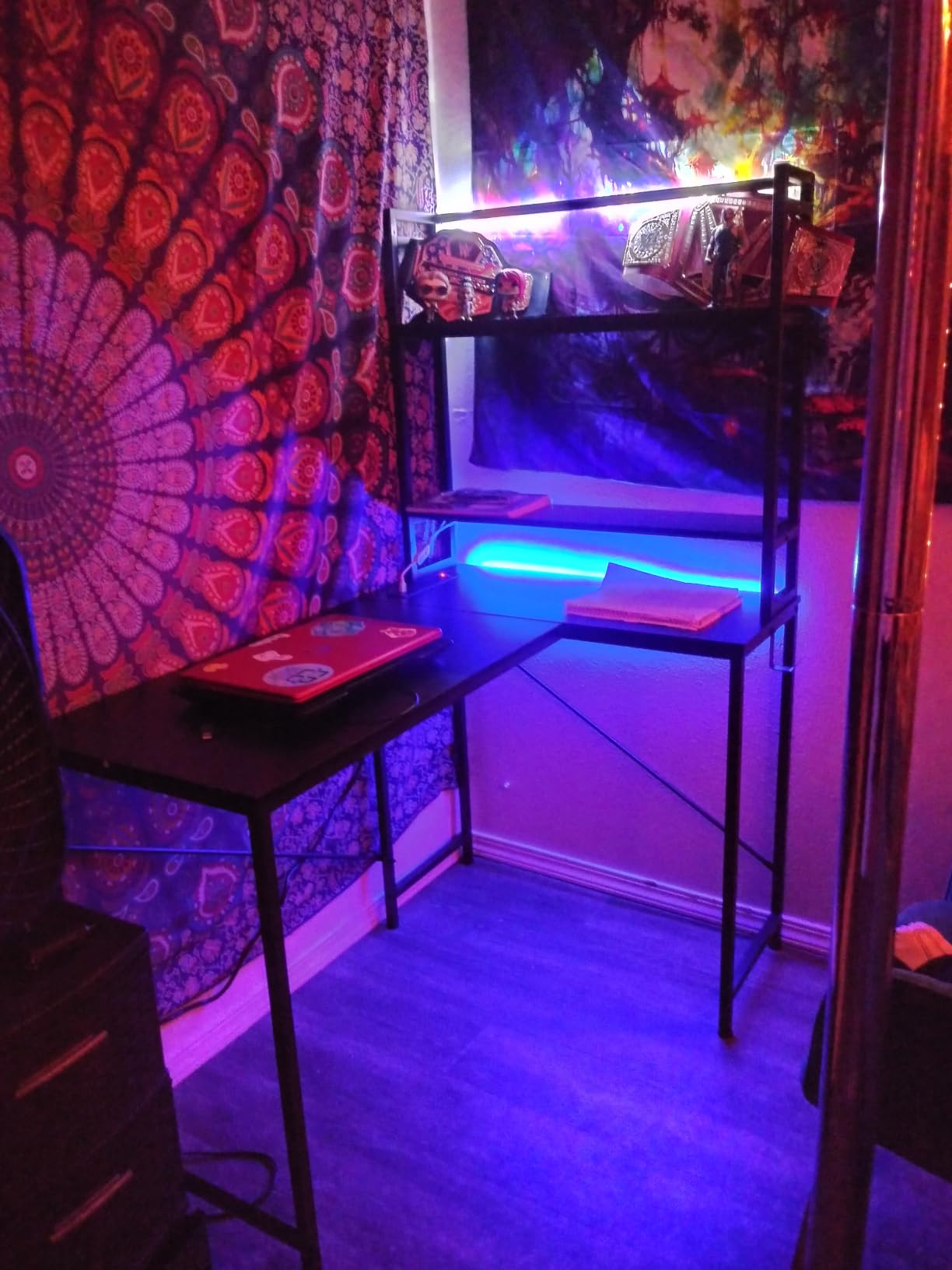 SEDETA L Shaped Gaming Desk, Reversible 45.3” Small Corner Desk with Power Outlet and LED Lights, Corner Gaming Desk with Storage Shelves, Hooks for Small Space, Black customer photo 1