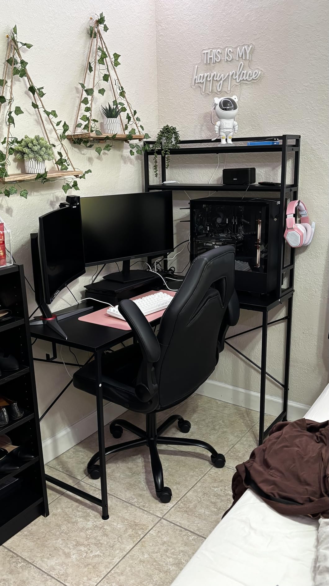 SEDETA L Shaped Gaming Desk, Reversible 45.3” Small Corner Desk with Power Outlet and LED Lights, Corner Gaming Desk with Storage Shelves, Hooks for Small Space, Black customer photo 2