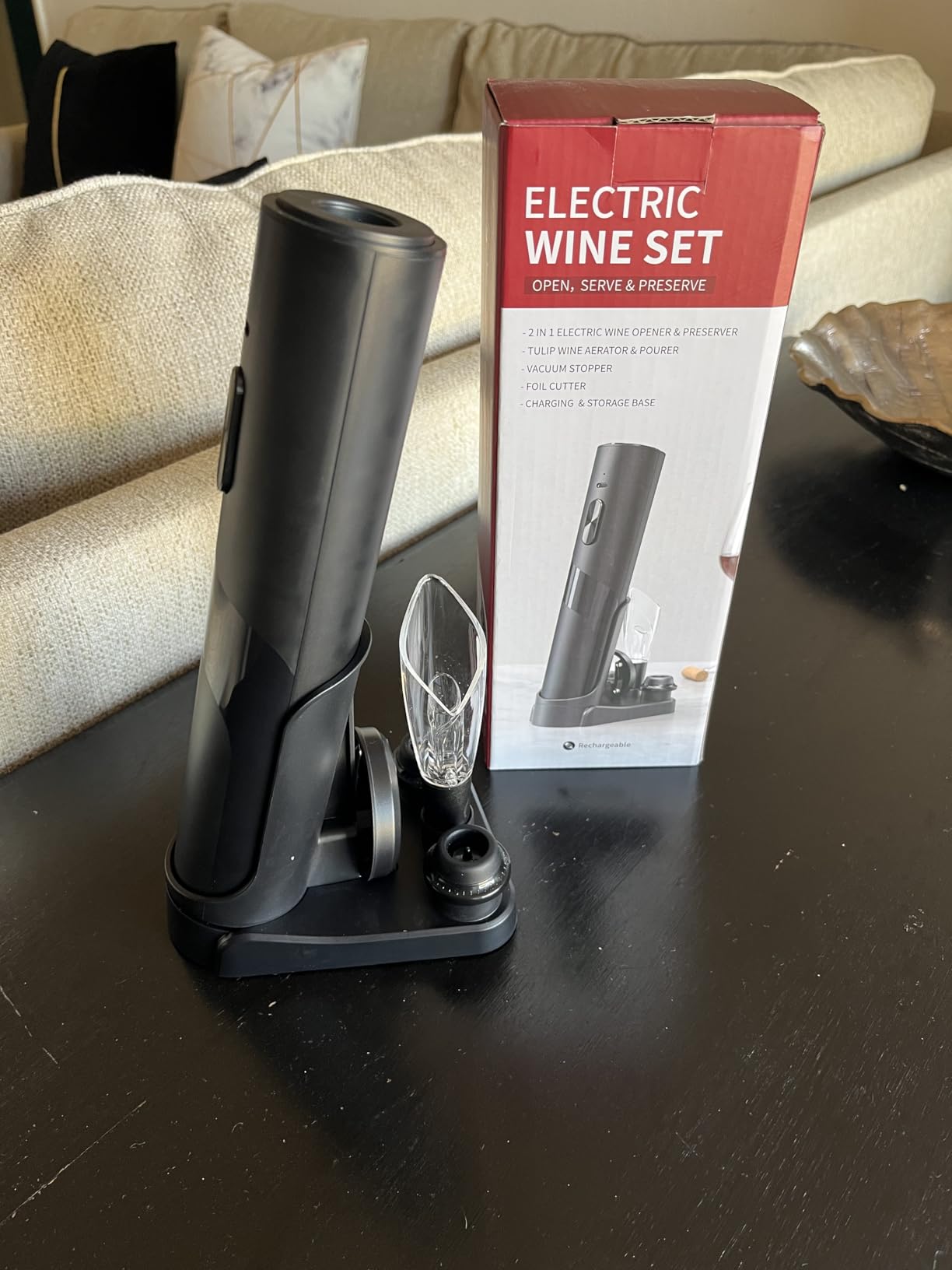 CIRCLE JOY Electric Wine Opener Rechargeable, 7-in-1 Automatic Wine Bottle Opener Gift Set with Electric Vacuum Pump, Foil Cutter, Aerator Pourer, 2 Stoppers & Charging Base, Black customer photo 1
