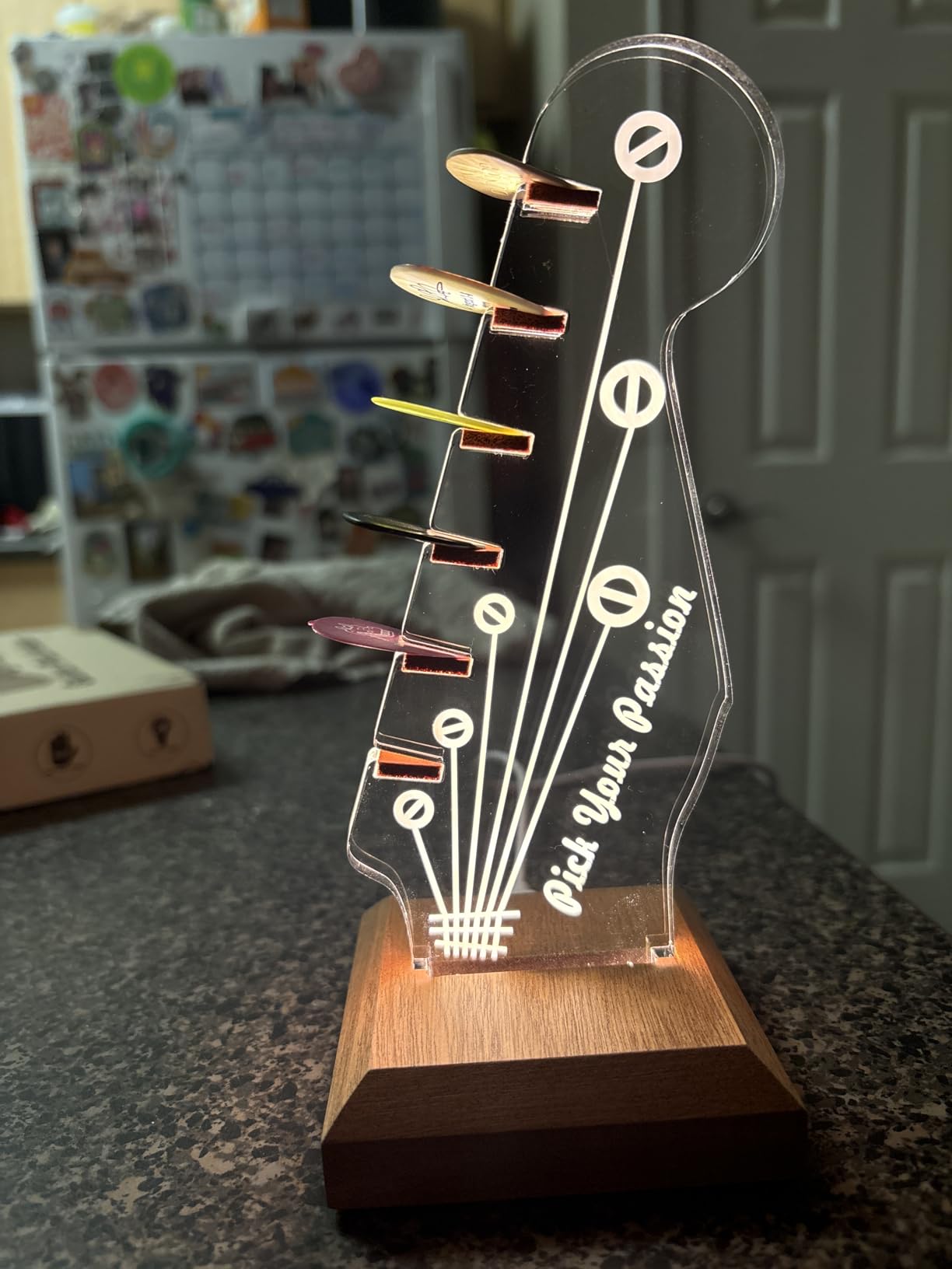 Light Up Guitar Pick Holder, Electric Guitar Headstock Shaped Acrylic & Wooden USB Powered Display Case - Guitar Accessories Gift for Players/Men (Picks Storage Organizer) customer photo 1