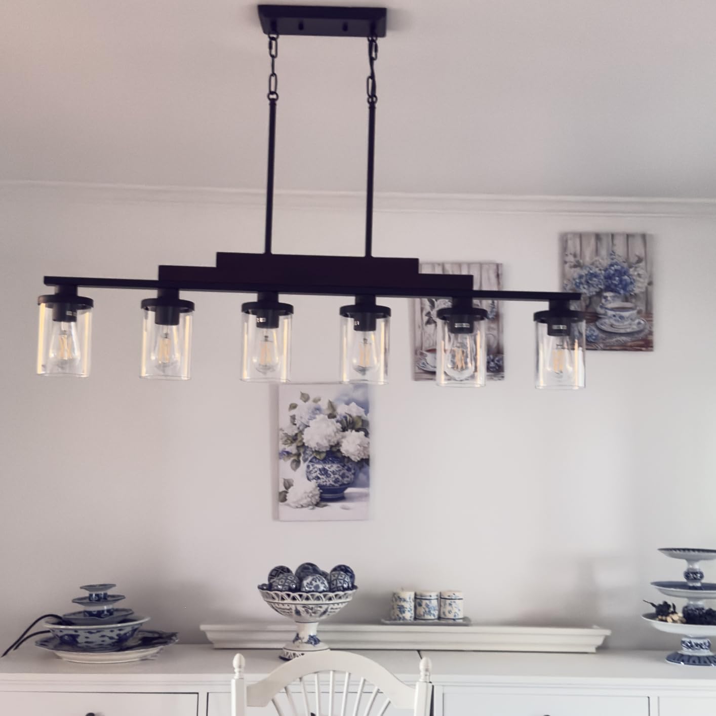 Wood Island Light for Kitchen/Restaurant,3-Light Farmhouse Dining Room Fixture/Chandelier Over Table/Bar,Matte Black Industrial Linear Pendant Lighting Fixtures Ceiling Hanging with Glass Shade-E26 customer photo 1