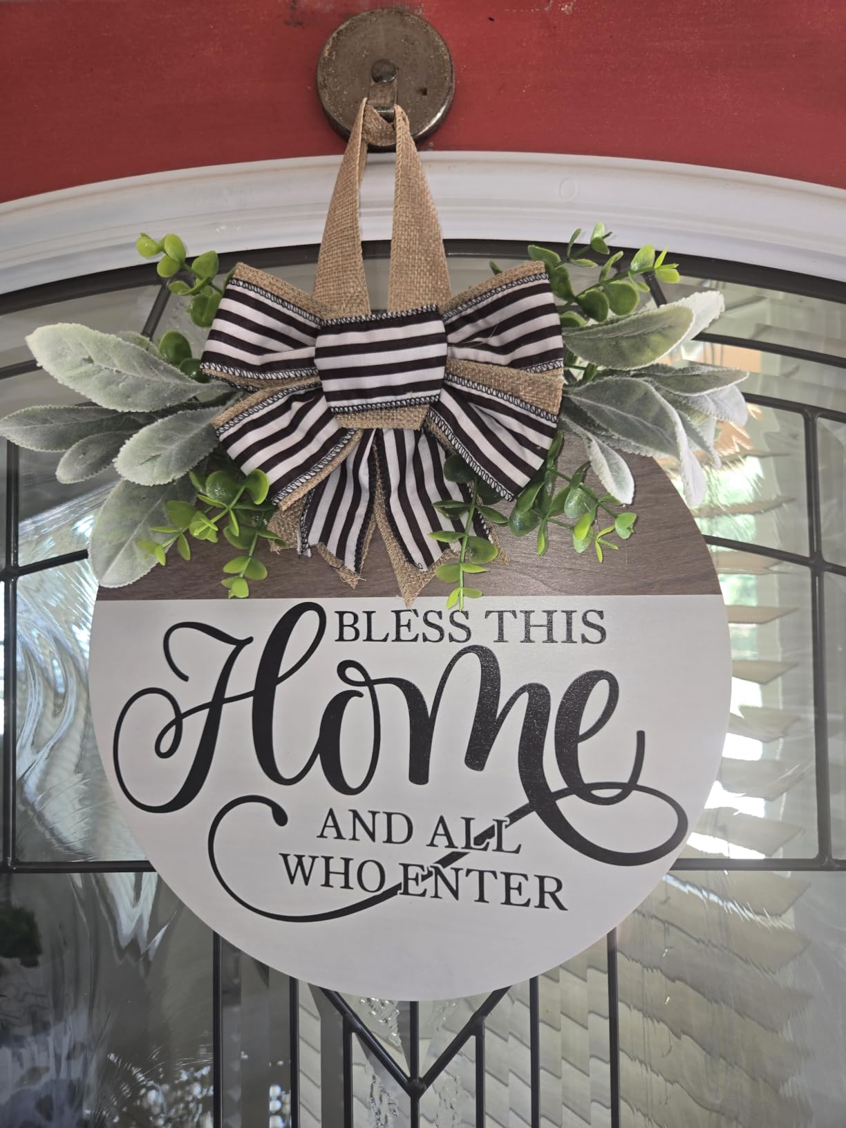 Welcome Sign for Front Door, Rustic Round Wood Wreaths Wall Hanging Outdoor Decor, Porch Fence Decorations Hanging Gift for Home Outdoor for Spring Summer Fall All Seasons Holiday, Bless This Home customer photo 1