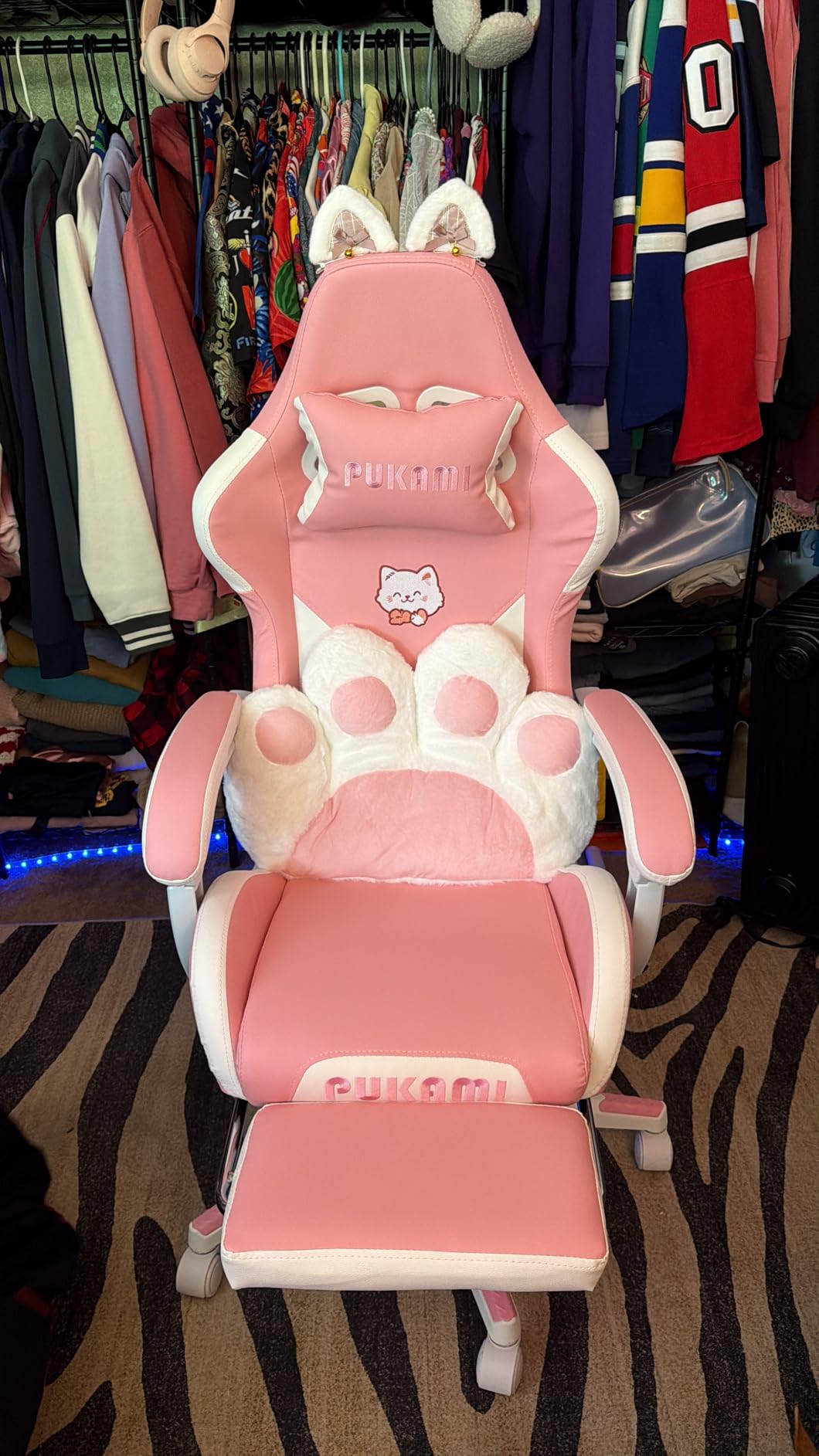 PUKAMI Pink Gaming Chair Cute with Cat Ears and Cat Paw Lumbar Cushion, Ergonomic Computer Chair for Girl with Footrest and Headrest, Comfortable Reclining PC Game Chair for Adult, Teen (Pink) customer photo 2