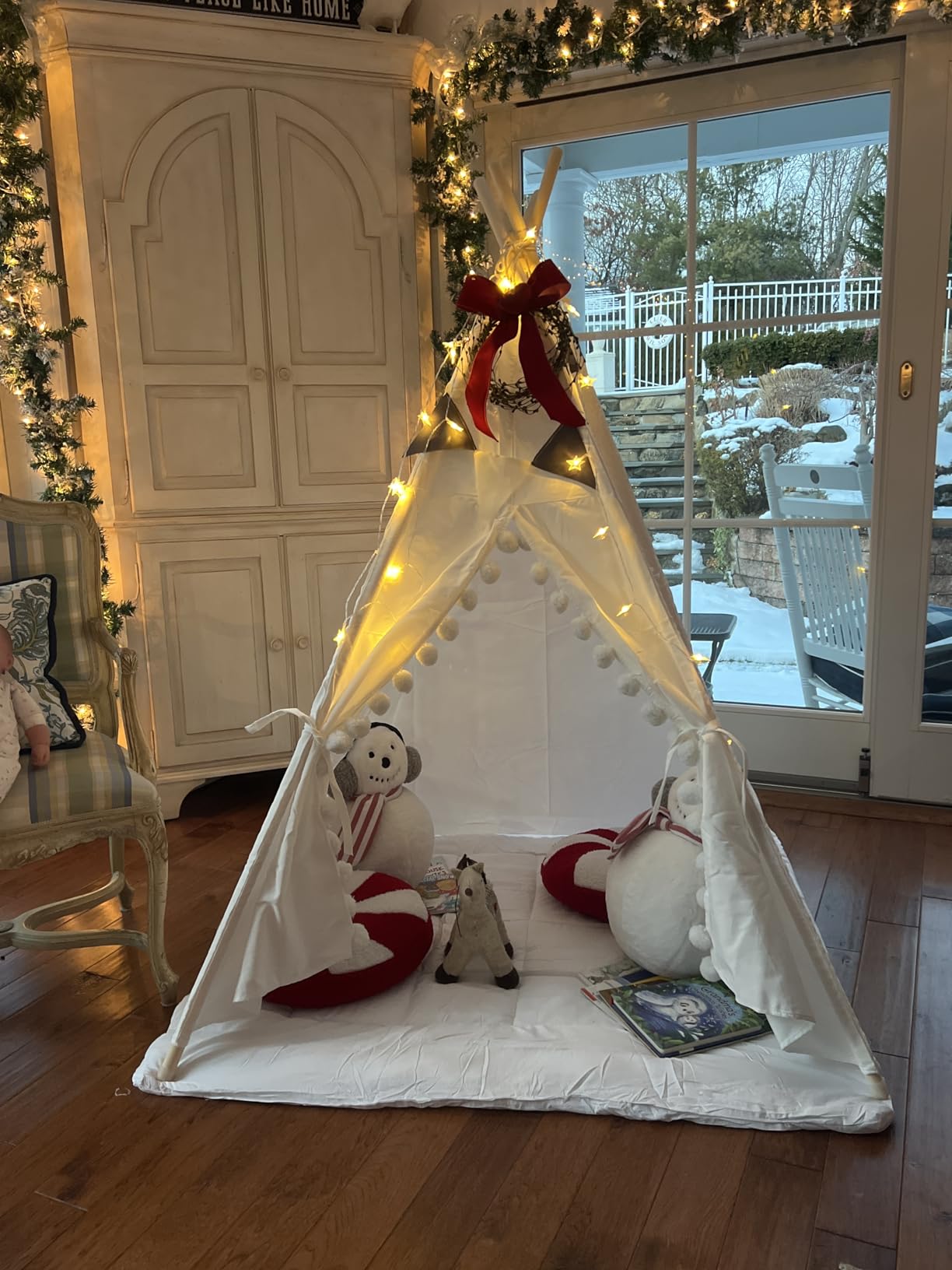 WIRHAO Teepee Tent for Kids with Padded Mat Cotton Canvas Kids Tent with Pompom for Toddlers Indoor Play Tent for Girls Boys with Stars Lights, Carry Bag, Banner Flag (Pink) customer photo 1