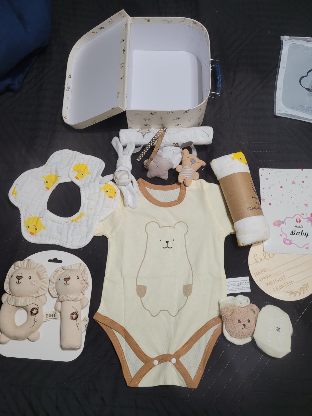 Golray 9pcs Newborn Baby Gift Baskets for Boys Girls Baby Shower, 2 Rattle/Seat Hang Toy/Blanket/Bodysuit/Bib/ 3D Socks/Wood Milestone/Carry Box, Neutral New Born Essential Stuff Unisex Baby Gifts Boy customer photo 1