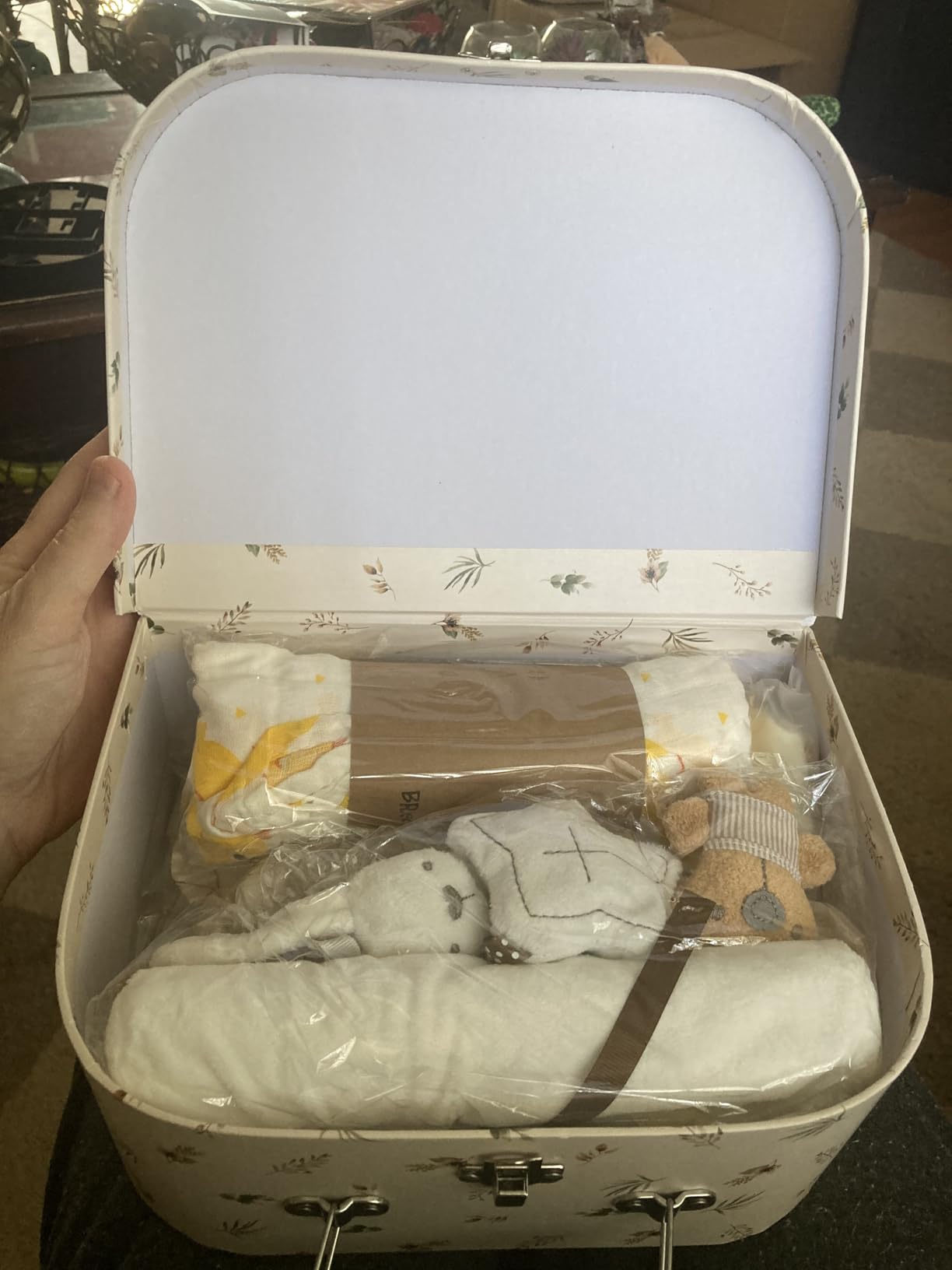 Golray 9pcs Newborn Baby Gift Baskets for Boys Girls Baby Shower, 2 Rattle/Seat Hang Toy/Blanket/Bodysuit/Bib/ 3D Socks/Wood Milestone/Carry Box, Neutral New Born Essential Stuff Unisex Baby Gifts Boy customer photo 2