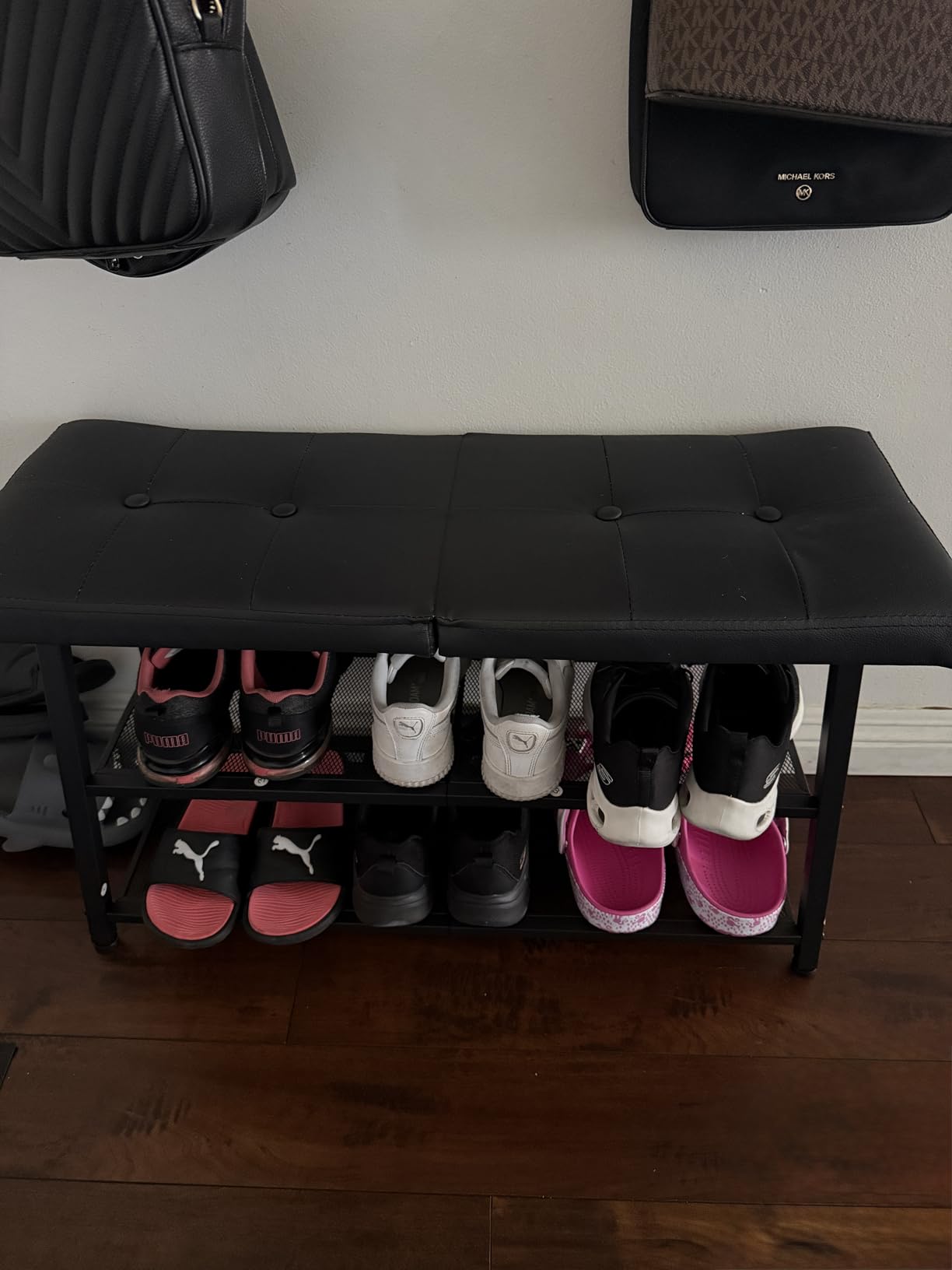 YATINEY Shoe Bench, 3-Tier Shoe Rack, Entryway Bench with Storage and Cushion, for Hallway, Foyer, Bedroom, Black HX02BB customer photo 1