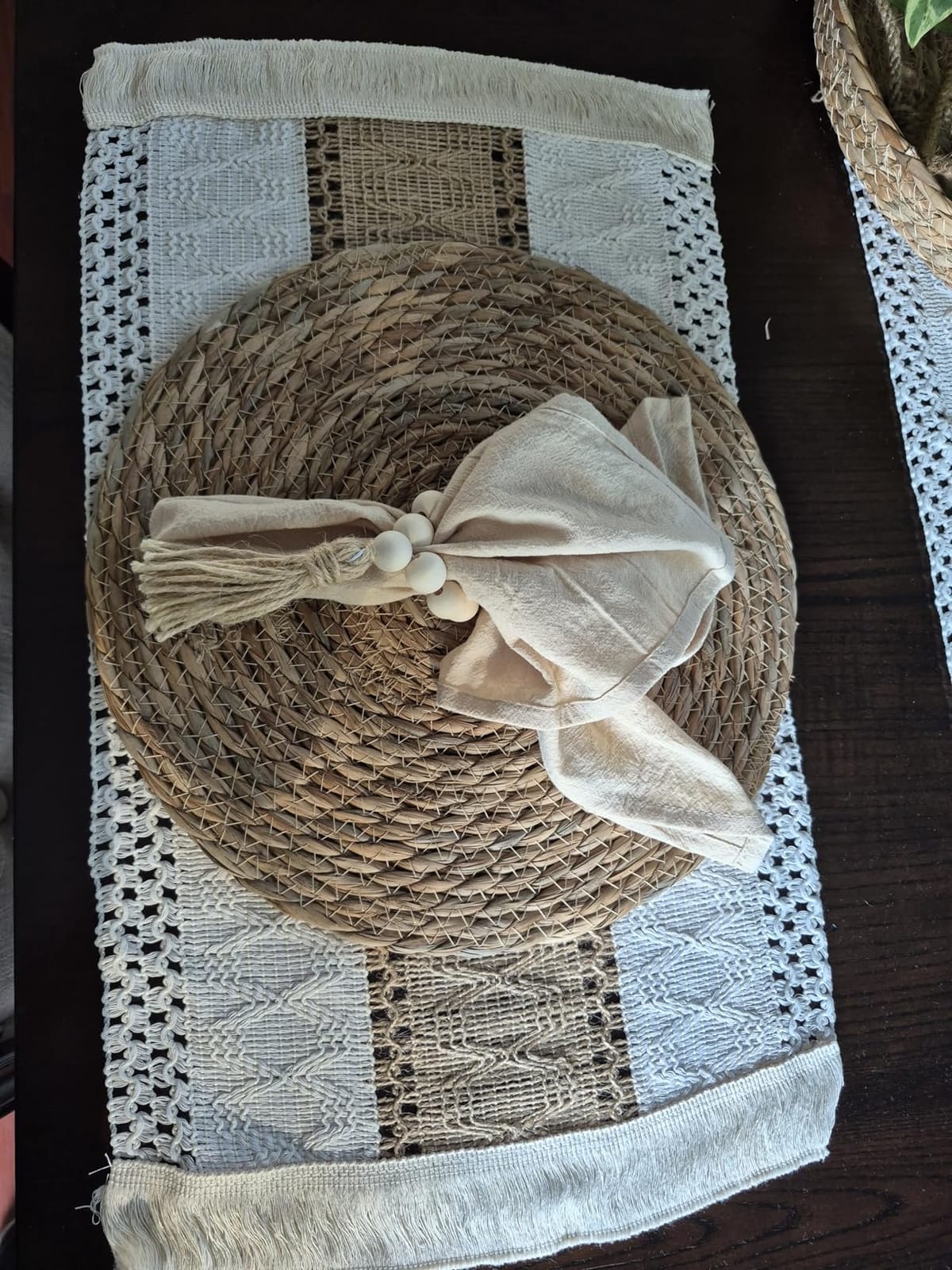 6 Sets Boho Table Runner and Woven Round Placemats Set, Khaki, 12x72 customer photo 1