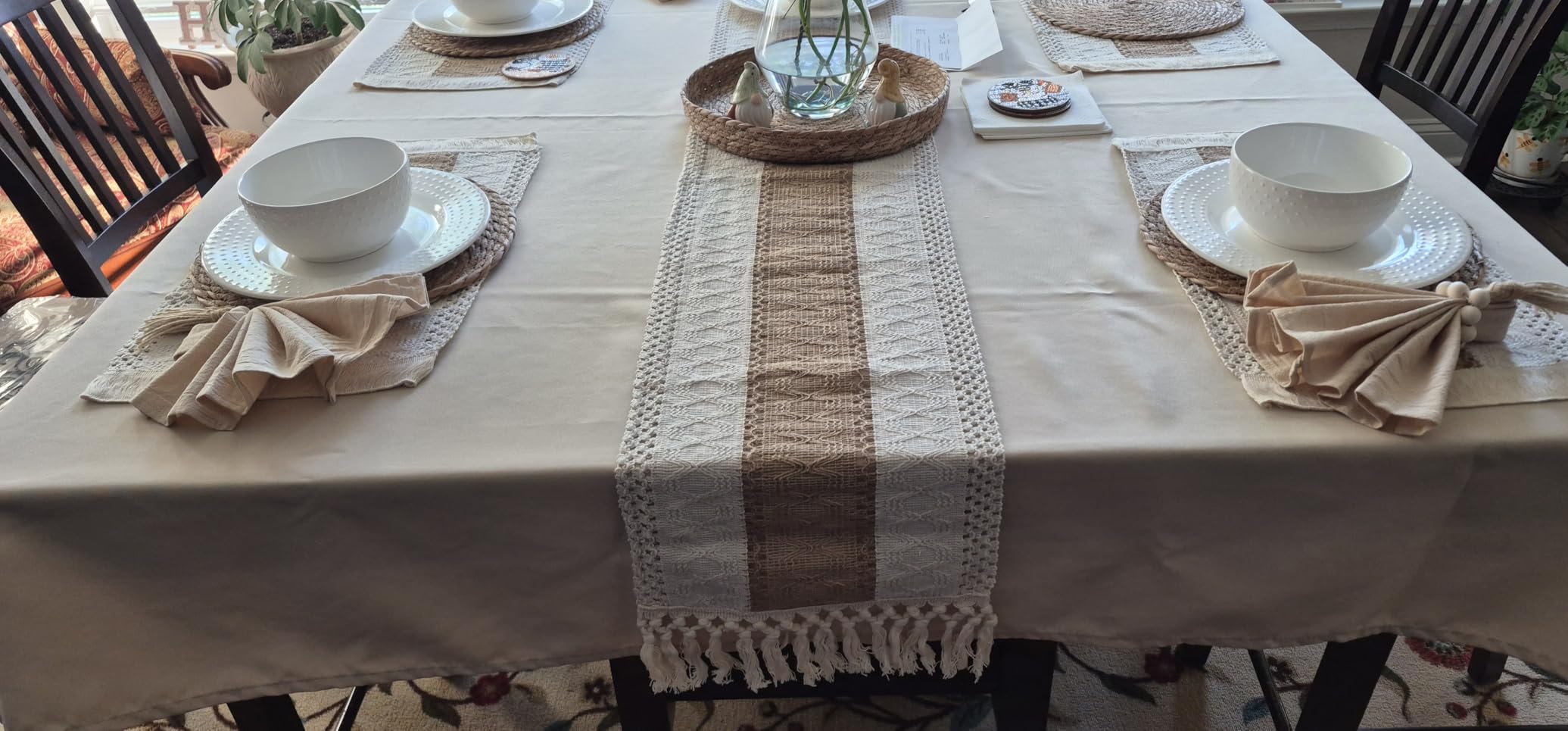 6 Sets Boho Table Runner and Woven Round Placemats Set, Khaki, 12x72 customer photo 2