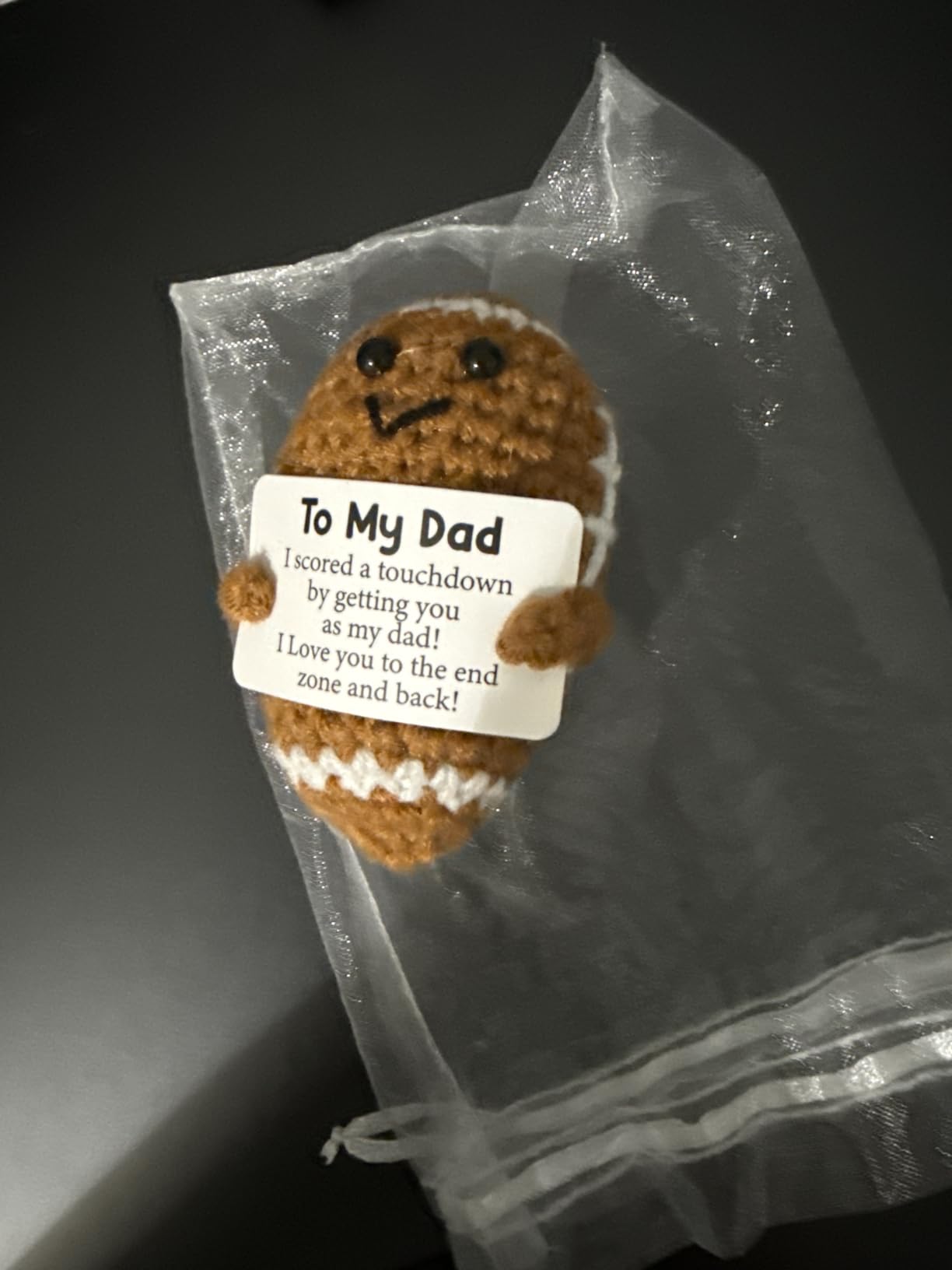 Dad Gifts from Daughter Son Wife, Positive Handmade Crochet Dad Christmas Birthday Gifts, Funny Cute Small Gift for Dads, I Love You Girl Papa Gift Ideas, Unique Football Doll for Father Daddy Stepdad customer photo 2