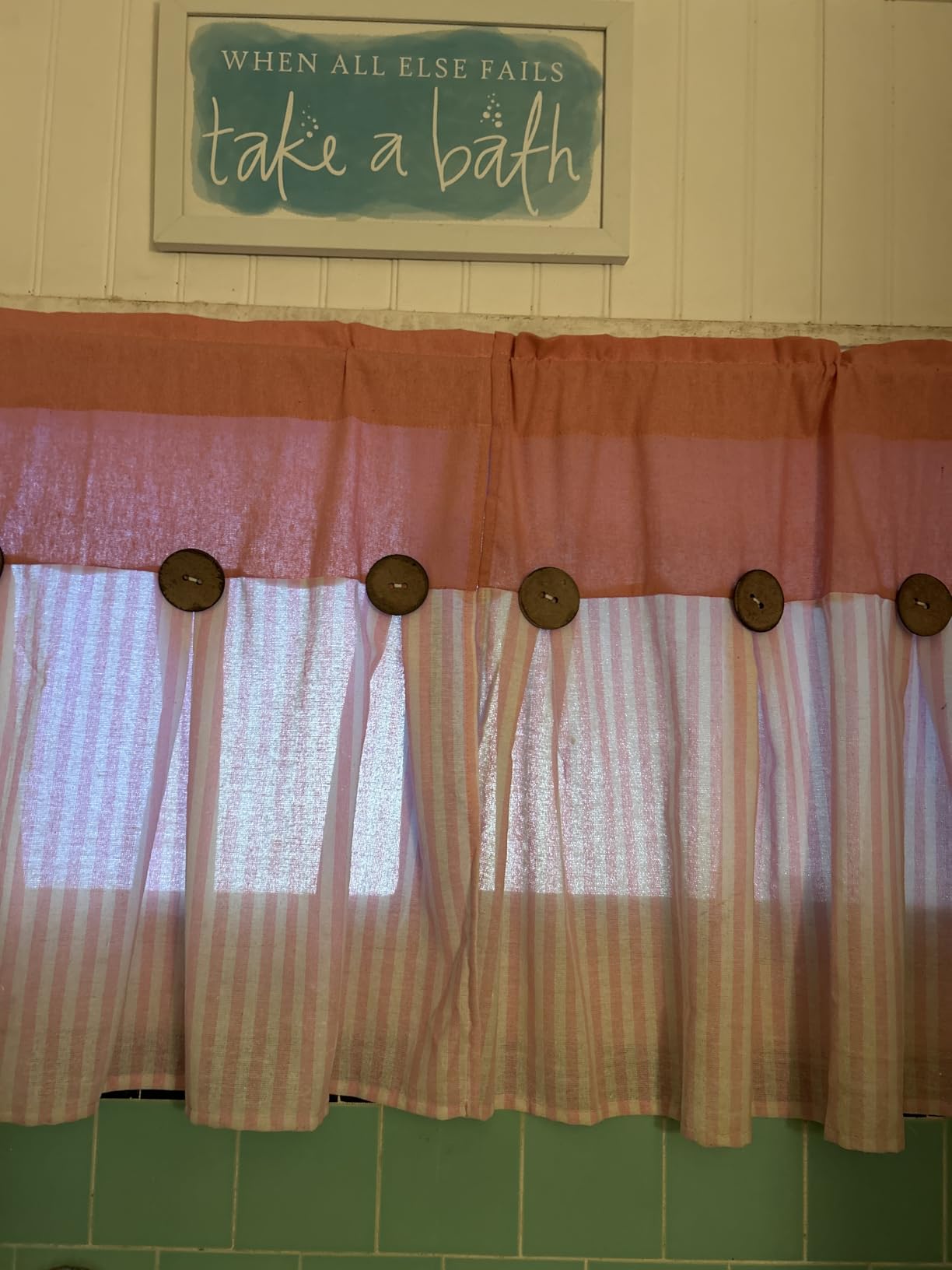 ASPMIZ Cotton Linen Kitchen Valance Curtains, Boho Rustic Button Linen Valances for Windows Farmhouse, Black with Grey Stripe Valance Window Topper Treatment Window Valances for Bathroom, 52 x 18 Inch customer photo 2