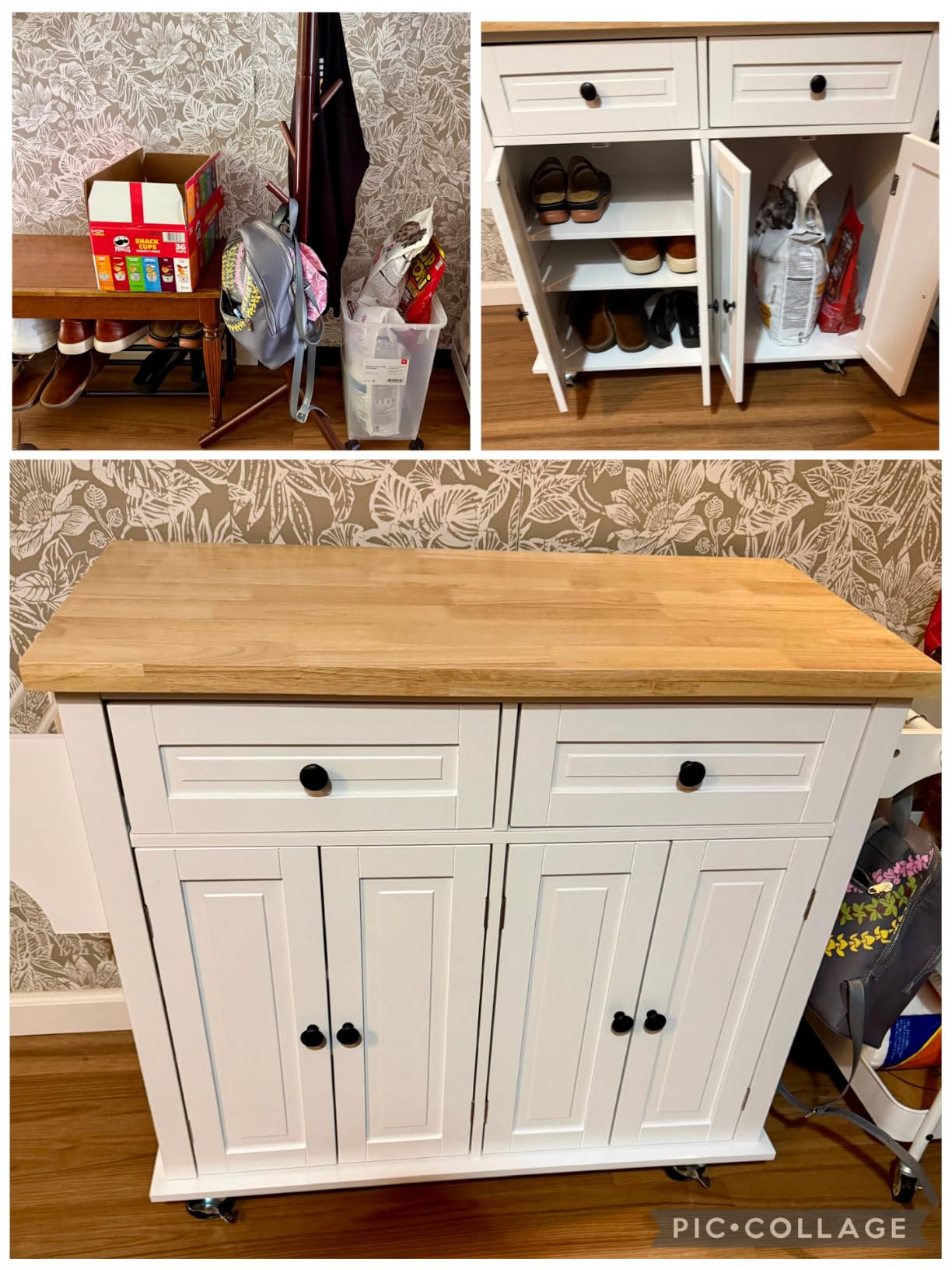 VEVOR Kitchen Island Cart with Single Door Cabinet, Mobile Carts with Drawer, Towel Rack, Hooks, Portable Table on Swivel Wheels, Small Coffee Islands Microwave Stand for Dining Room, 18x23 in, White customer photo 1