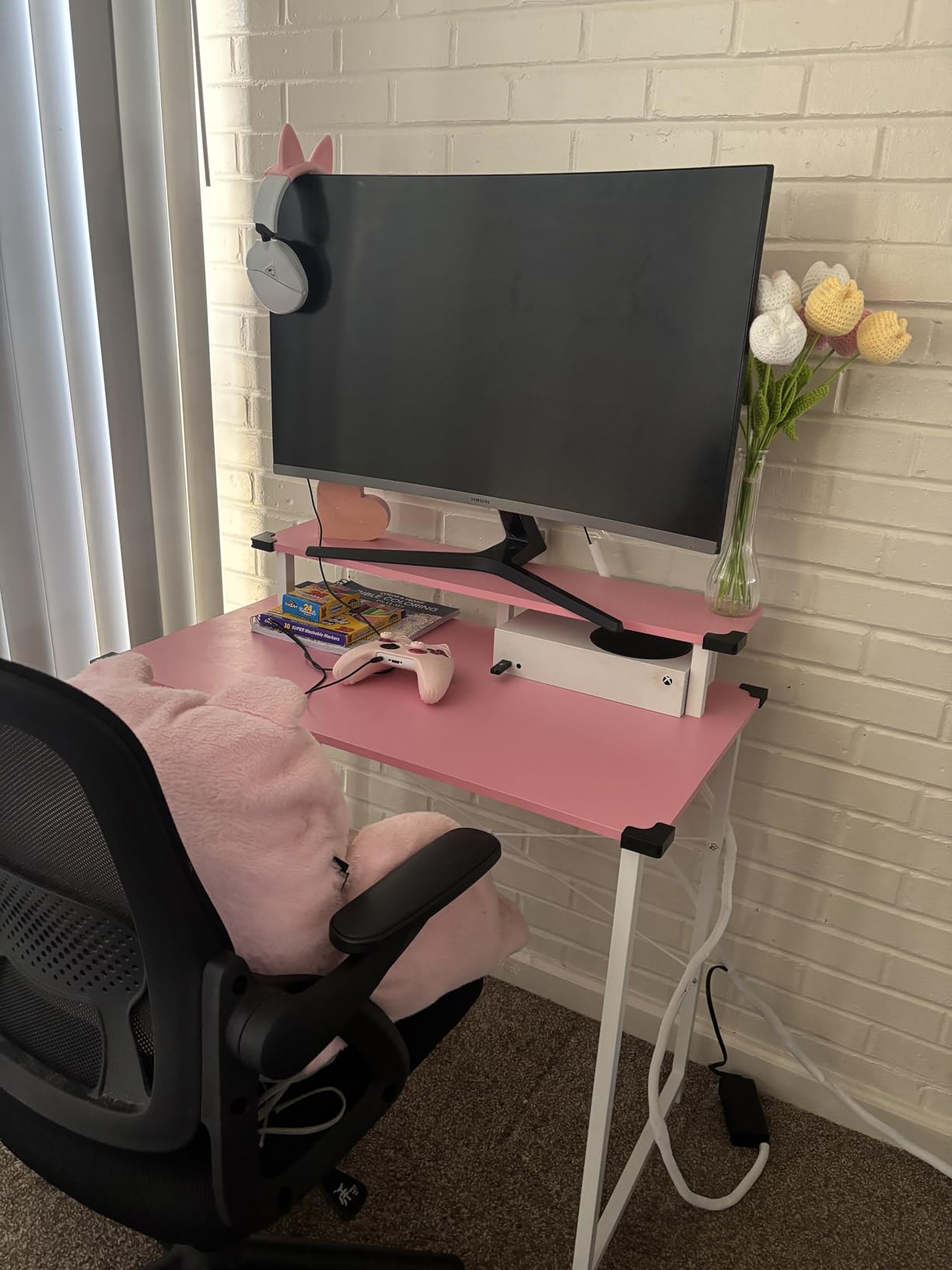 Pamray 32 Inch Small Computer Desk with Monitor Stand, Simple Office Desk with Headphone Hook for Small Spaces, Kids Study Writing Table for Bedroom, Black customer photo 2
