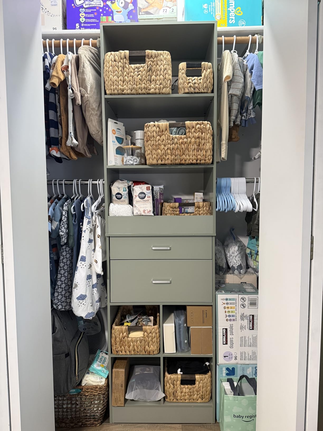 Besiost Closet System, 4-8 FT Closet Organizer Tower with 2 Wooden Drawers and Shelves, Can Fit 60 to 96 inch Walk-in Closet System with 5 Hanging Rods, Built-in, White customer photo 1