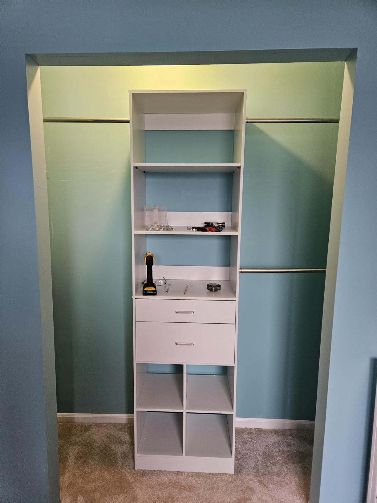 Besiost Closet System, 4-8 FT Closet Organizer Tower with 2 Wooden Drawers and Shelves, Can Fit 60 to 96 inch Walk-in Closet System with 5 Hanging Rods, Built-in, White customer photo 2