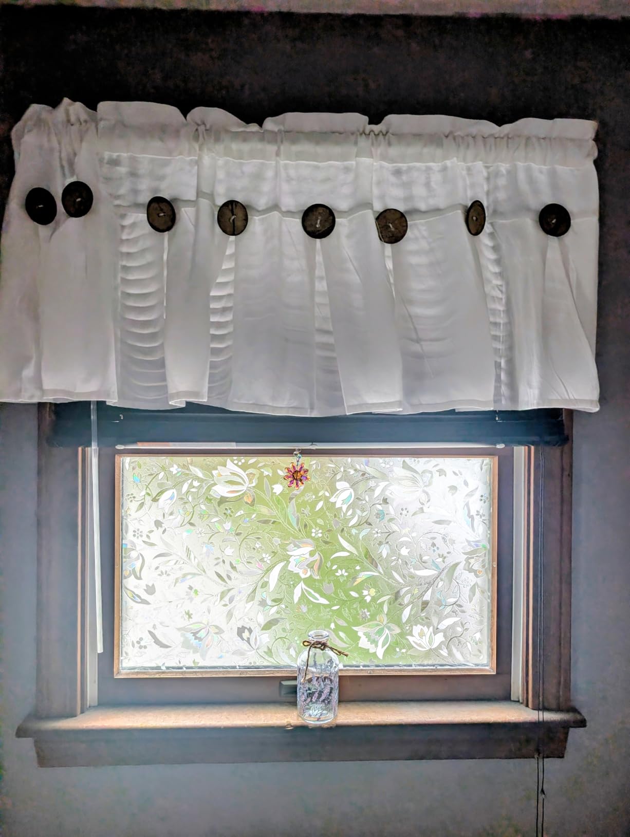 FRAMICS Farmhouse Valance Curtains, Boho Cotton Linen Kitchen Valance, Olive Green Rustic Button Window Valances for Kitchen Bathroom, Rod Pocket Valances for Windows, Olive Green, 52 x 18 Inch customer photo 1