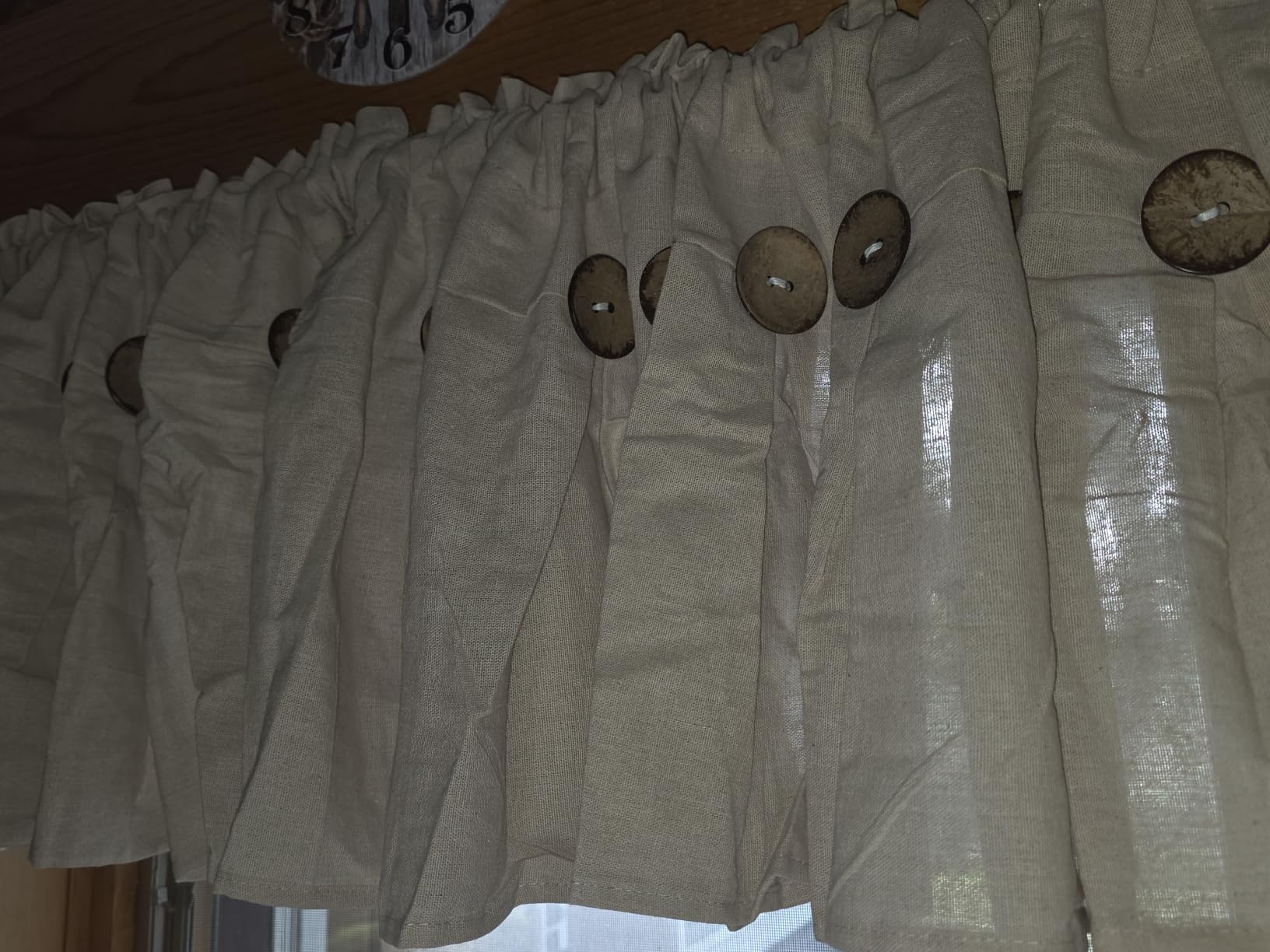 FRAMICS Farmhouse Valance Curtains, Boho Cotton Linen Kitchen Valance, Olive Green Rustic Button Window Valances for Kitchen Bathroom, Rod Pocket Valances for Windows, Olive Green, 52 x 18 Inch customer photo 2