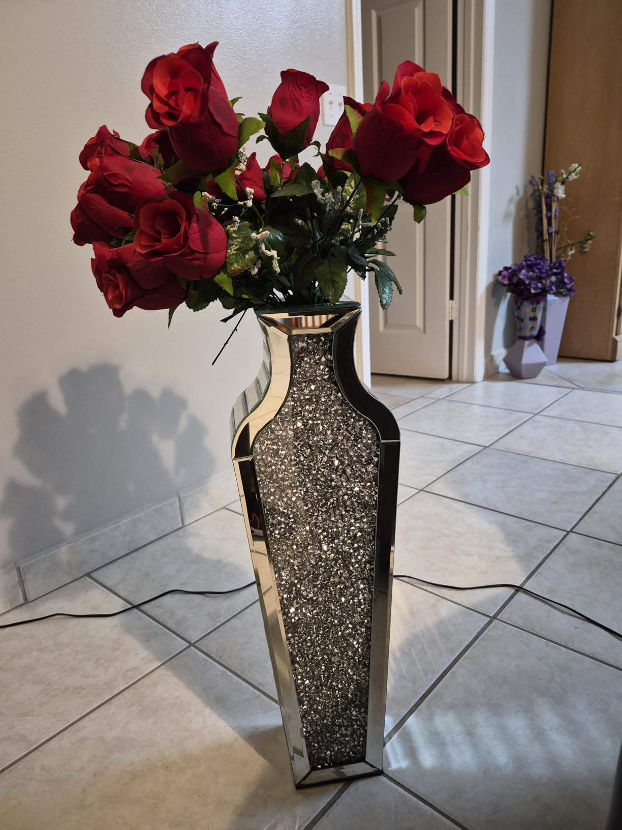 SHYFOY Green Crushed Diamond Floor Vase, Large Mirrored Tall Vases for Floor, Modern Glass Decorative Vases for Living Room Bedroom Home Corner Indoor Office, 26.8