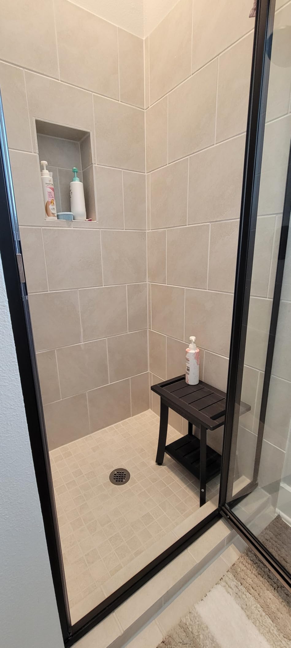 Waterproof HIPS Shower Bench for Inside Shower, Shower Stool, Grey | For seating and leg shaving, Wood-Look texture, Easy care, Non-slip leveling feet, Storage shelf, Indoor/Outdoor use, 350 lb customer photo 1