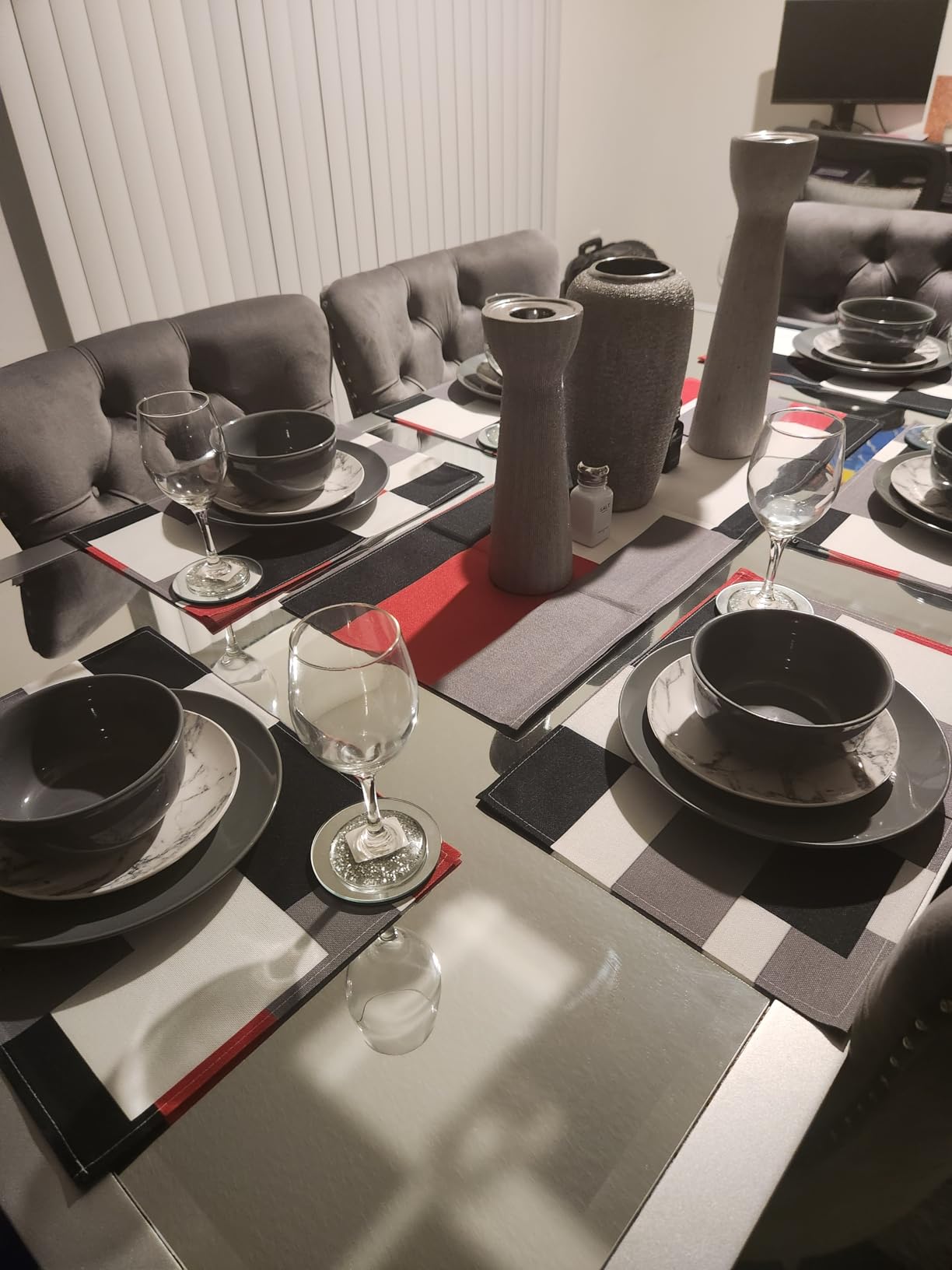 Emvency Table Runner and Placemats Set of 6, White Grey Stripes customer photo 1