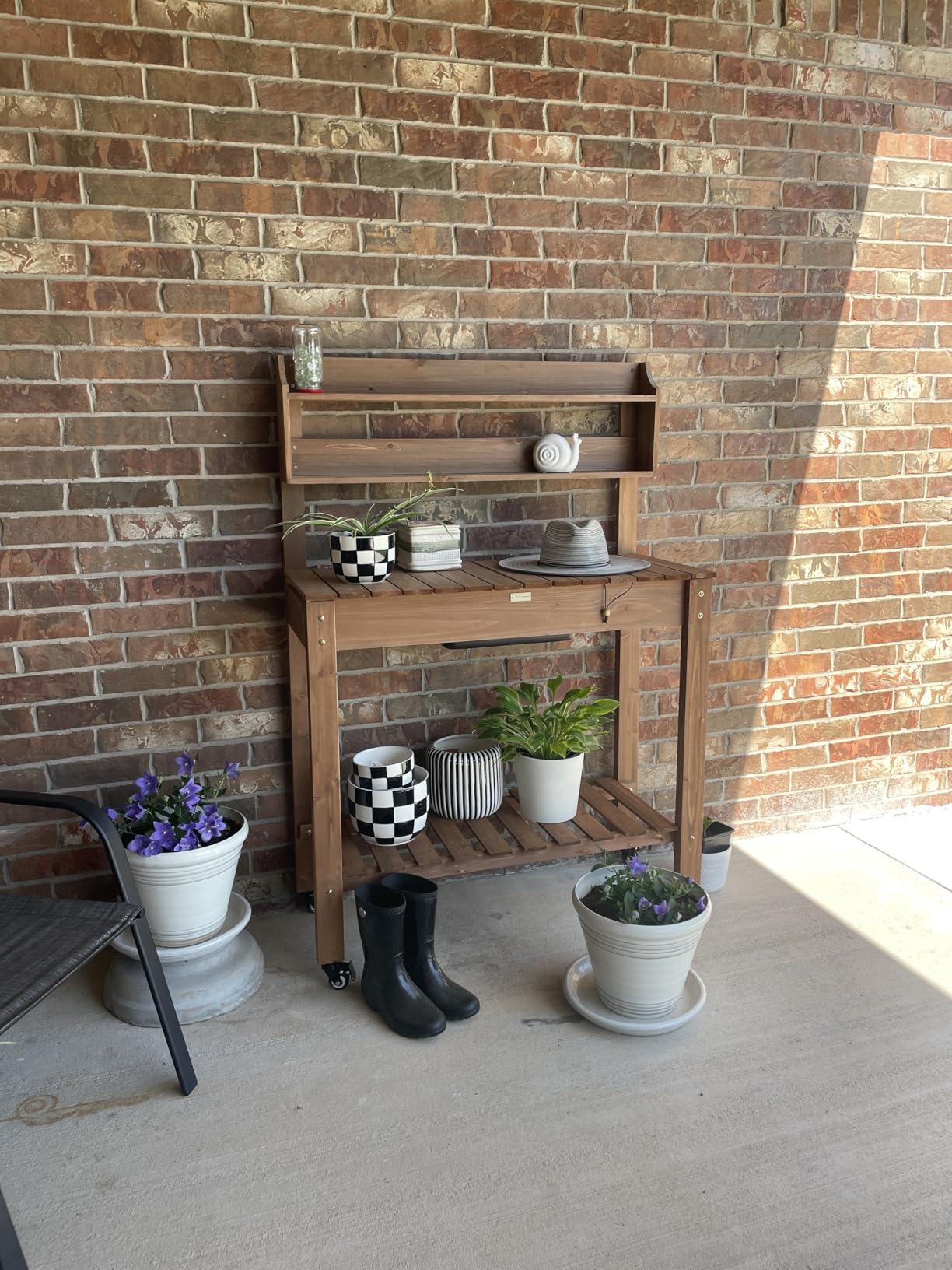 Best Choice Products Mobile Garden Potting Bench, Outdoor Wood Workstation Table w/Sliding Tabletop, 4 Locking Wheels, Food Grade Dry Sink, Storage Shelves - Sage Green customer photo 2