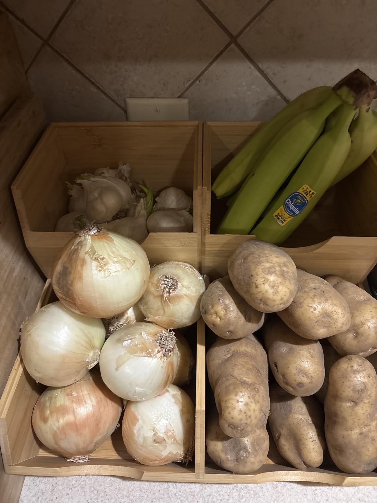 HOMESTEAD Bamboo Pantry Storage Bins – Stackable Potato & Onion Storage Bin for Kitchen Countertop, Pantry Organizer, Fruit Vegetable Basket, Multiuse - Set of 3 Slide-Out Access customer photo 1