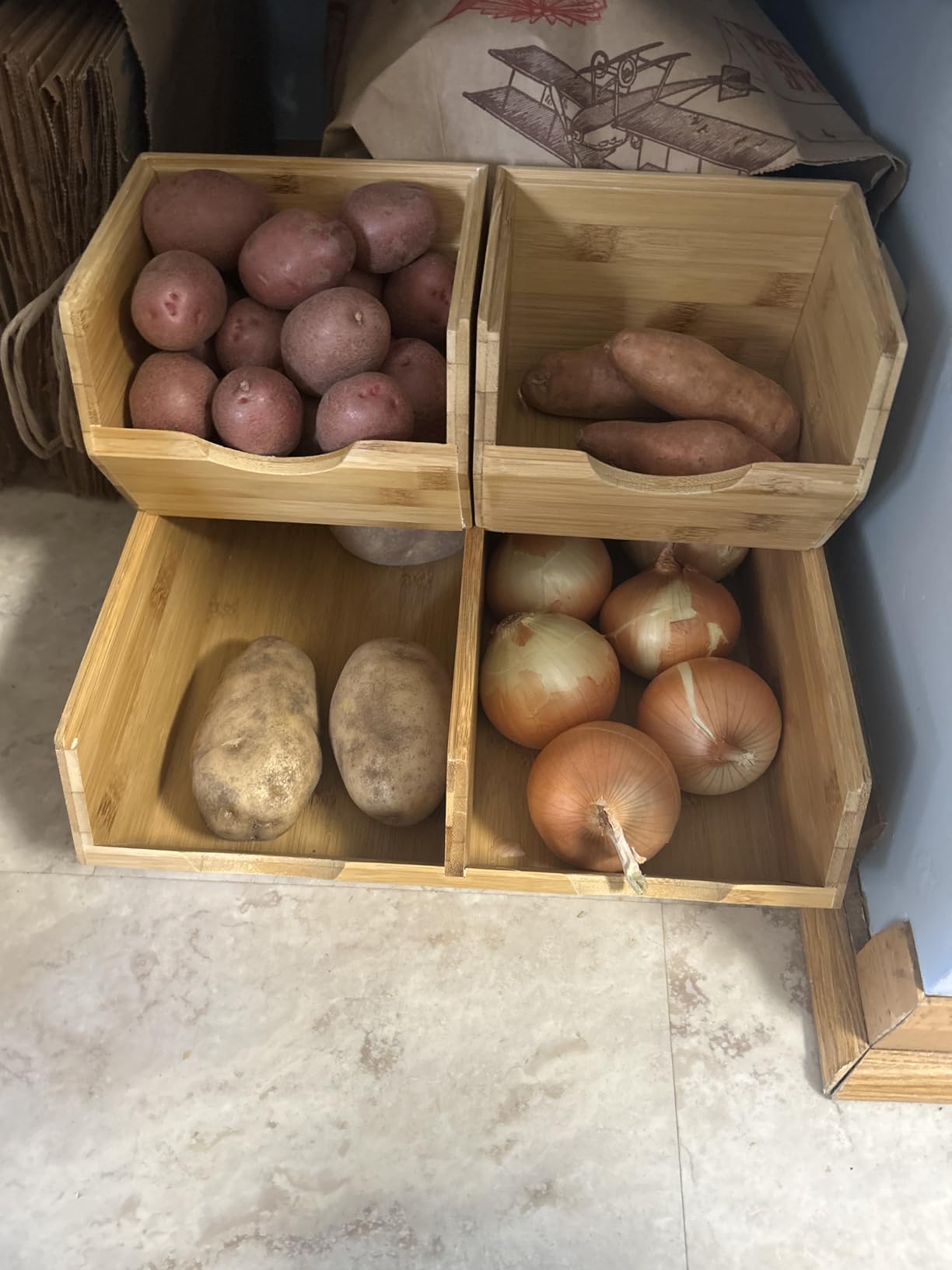 HOMESTEAD Bamboo Pantry Storage Bins – Stackable Potato & Onion Storage Bin for Kitchen Countertop, Pantry Organizer, Fruit Vegetable Basket, Multiuse - Set of 3 Slide-Out Access customer photo 2