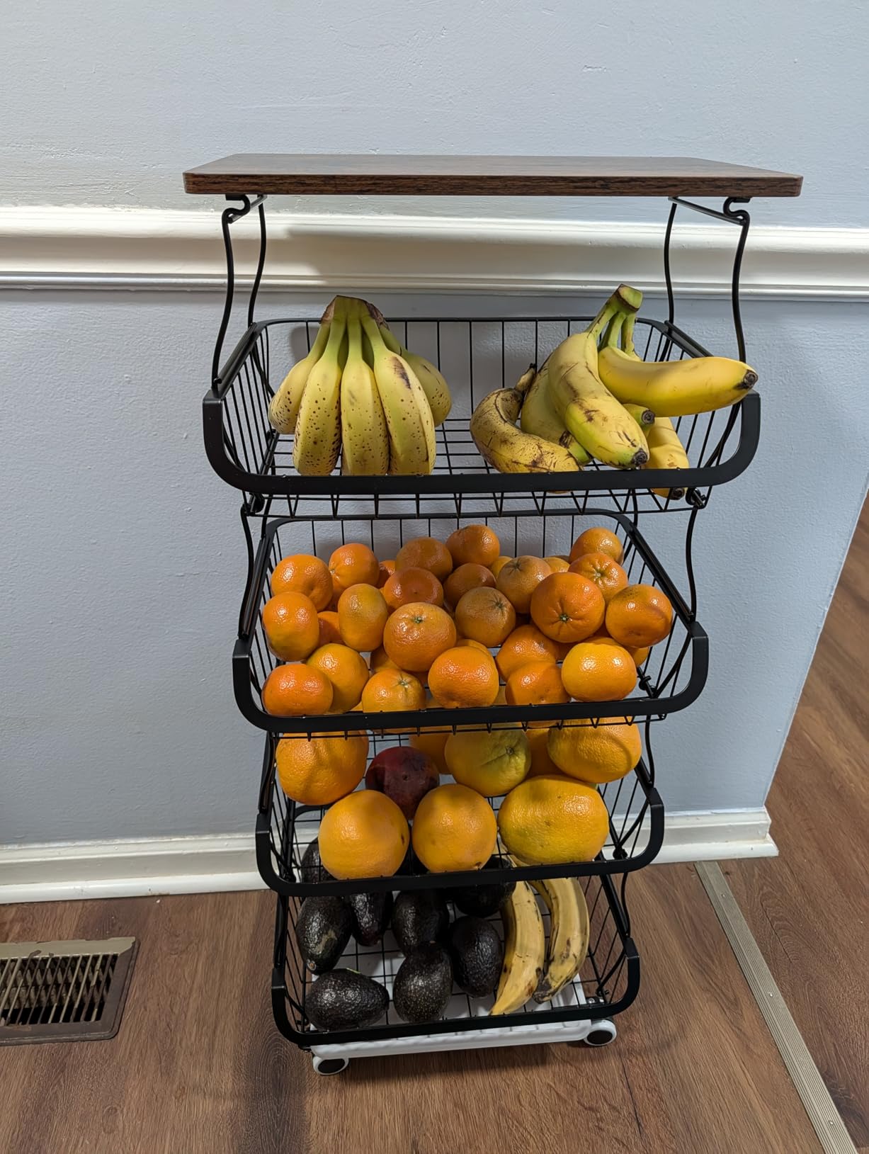 CHLORYARD Fruit Basket with Wooden Lid for Kitchen, 4-Tier Stackable Wire Fruit Vegetable Storage Basket Organizer Stand on Wheel, Produce Basket Potato Onion Storage Bins Rack Cart for Pantry customer photo 2