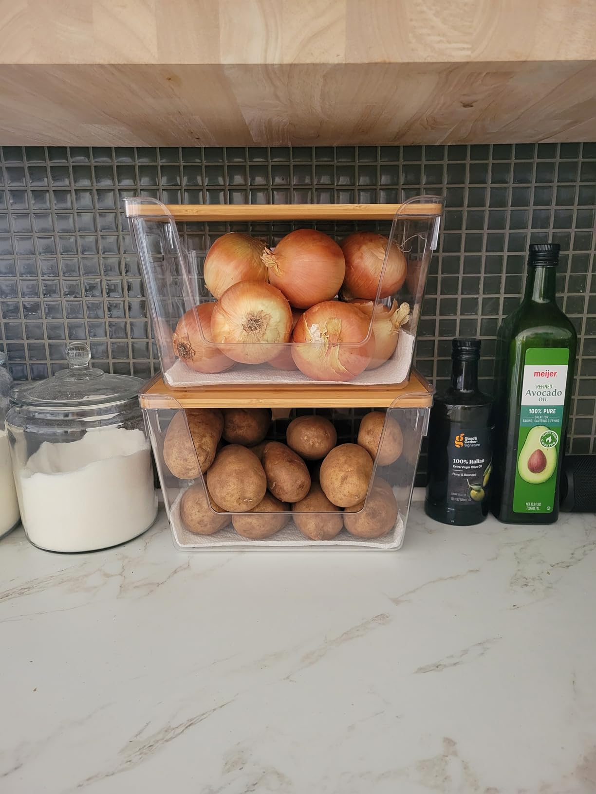 2 Set Pantry Organizer and Stackable Storage Kitchen,Sturdy and Durable Storage Basket for Potato, Onion, Garlic, Fruit, Vegetable, Produce, Clear Plastic Storage with Lid&Handle customer photo 2
