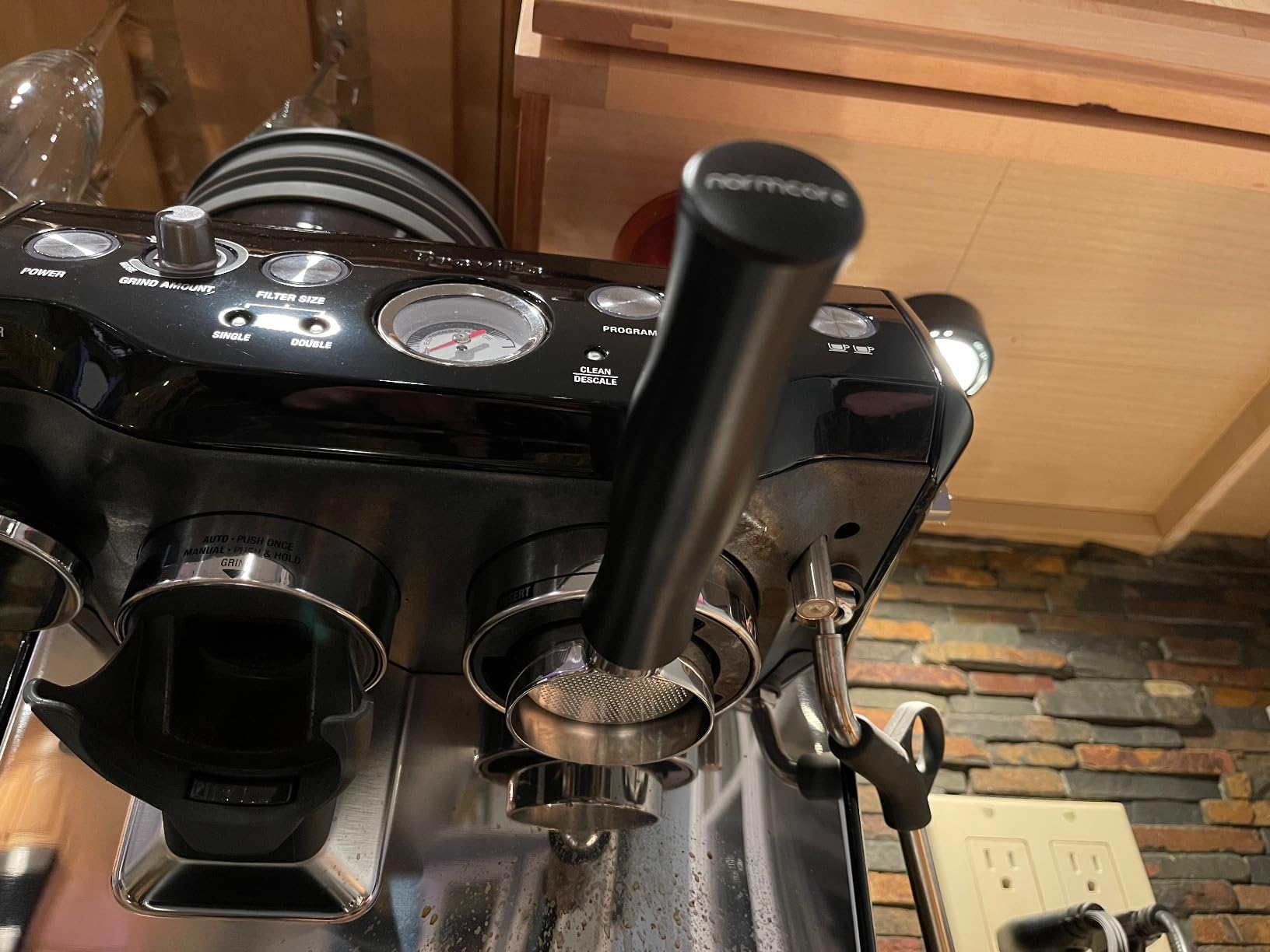 Normcore 54mm Bottomless Portafilter, Naked Portafilter Fits Breville Sage Barista Express Machines, 18g Filter Basket Included, Genuine American Walnut Handle customer photo 1