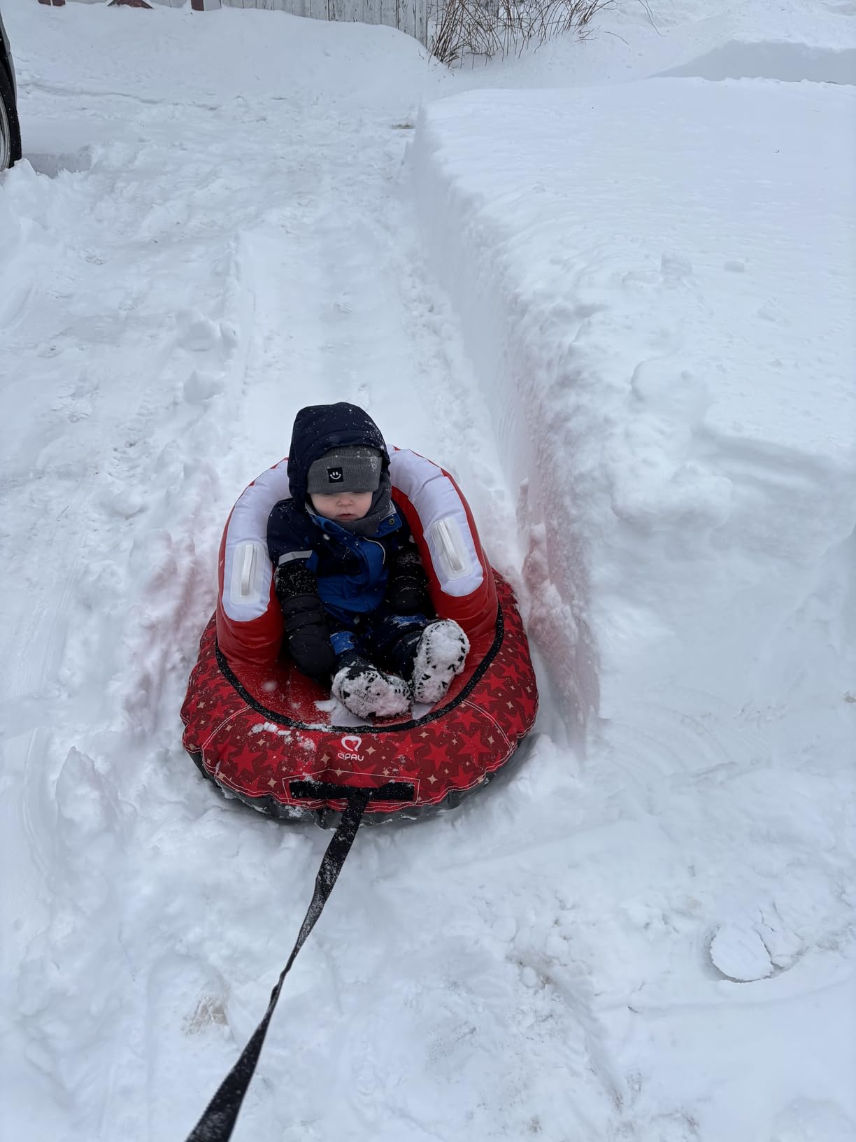 QPAU Snow Sled for Toddlers 1-3 with Canvas Cover, Inflatable Baby Sled with 3-Sided Protection, Tow Strap & Handles, Kids Snow Tube for Skiing & Sledding Outdoor Toys customer photo 2